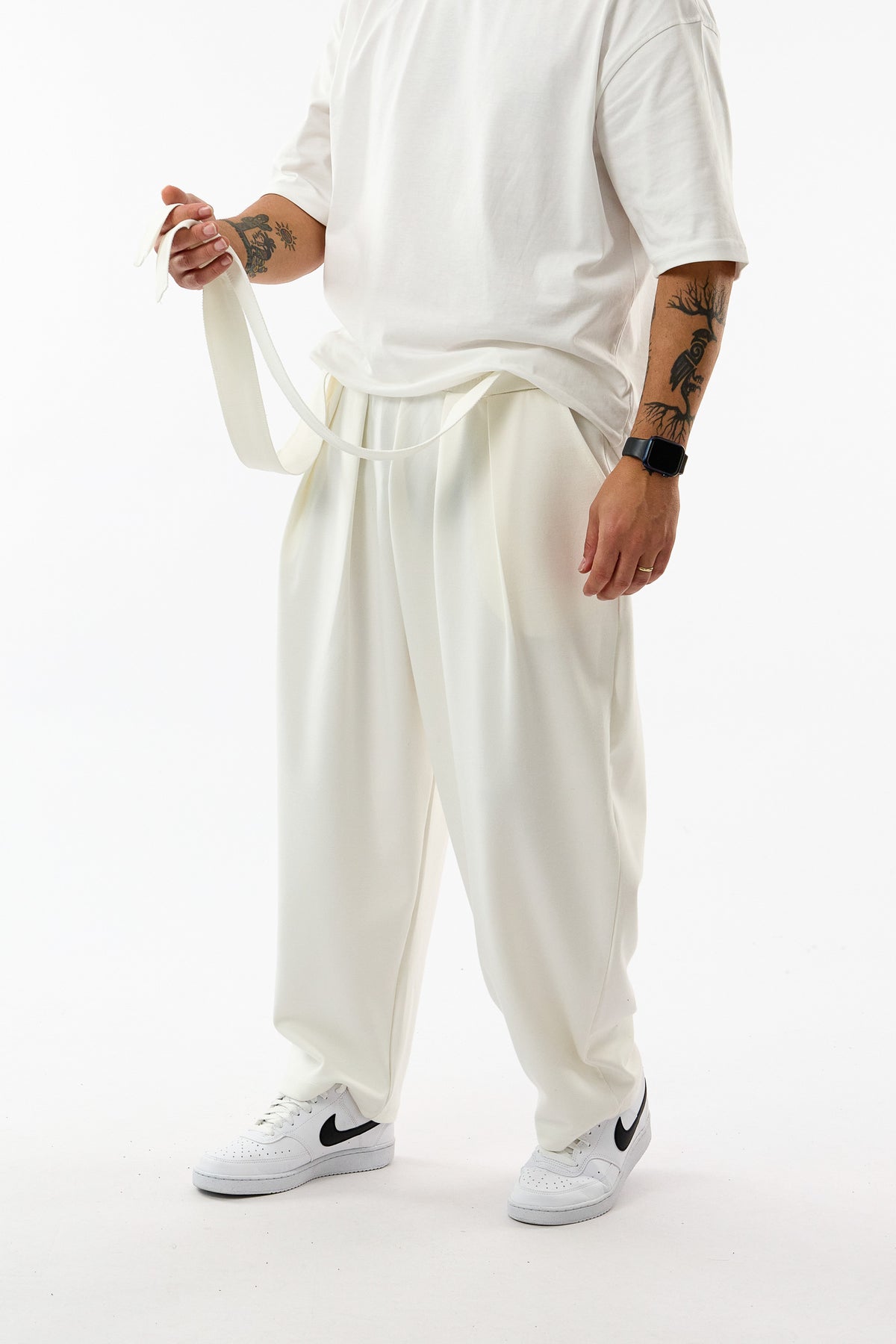 Kemerli Pileli Bel Lastikli Ekru Jogger Erkek Pantolon COC3678