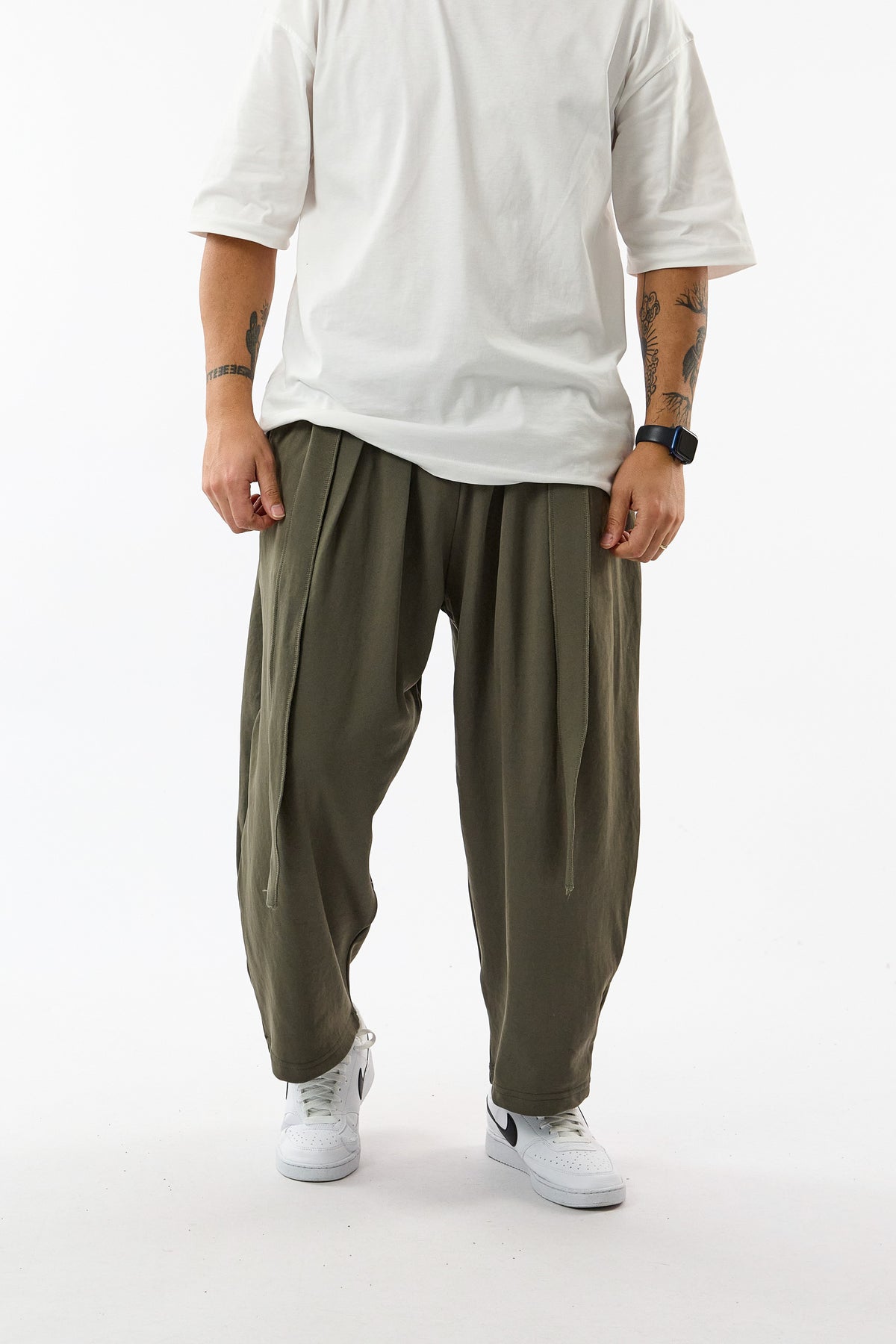 Kemerli Pileli Bel Lastikli Haki Jogger Erkek Pantolon COC3684