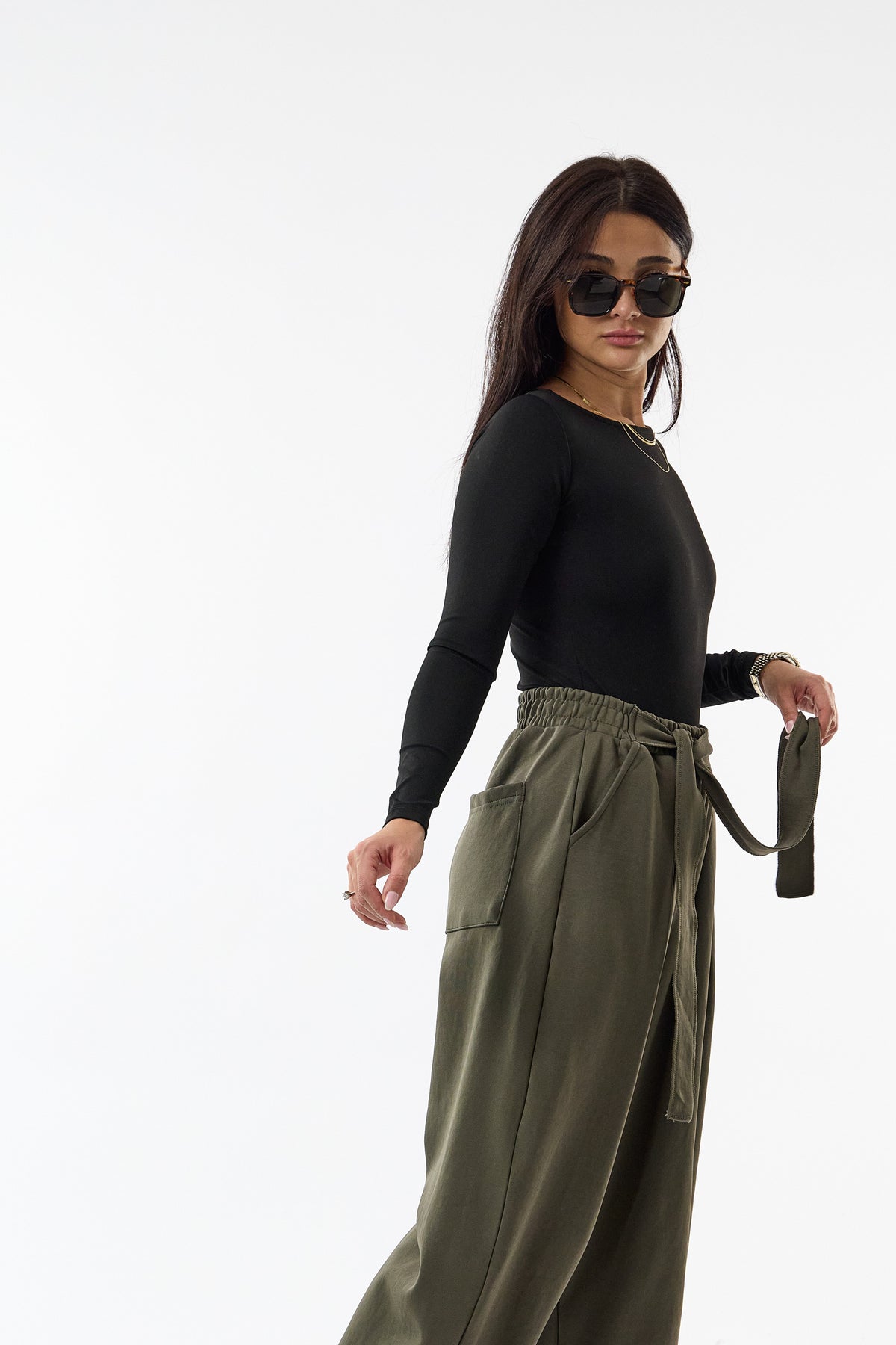 Kemerli Pileli Bel Lastikli Haki Jogger Kadın Pantolon COC3685