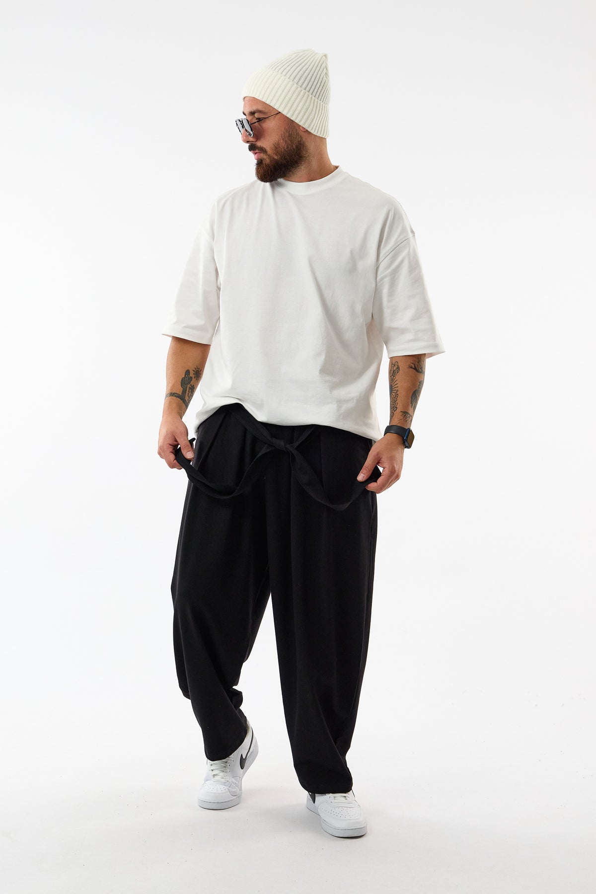 Kemerli Pileli Bel Lastikli Siyah Jogger Erkek Pantolon COC3682