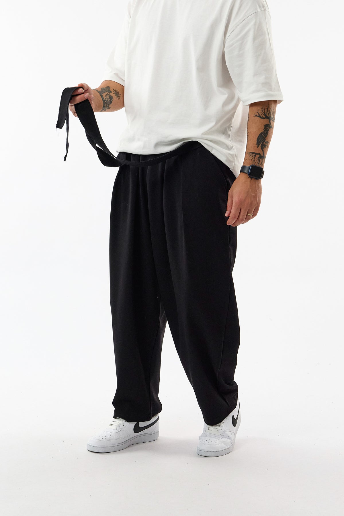 Kemerli Pileli Bel Lastikli Siyah Jogger Erkek Pantolon COC3682