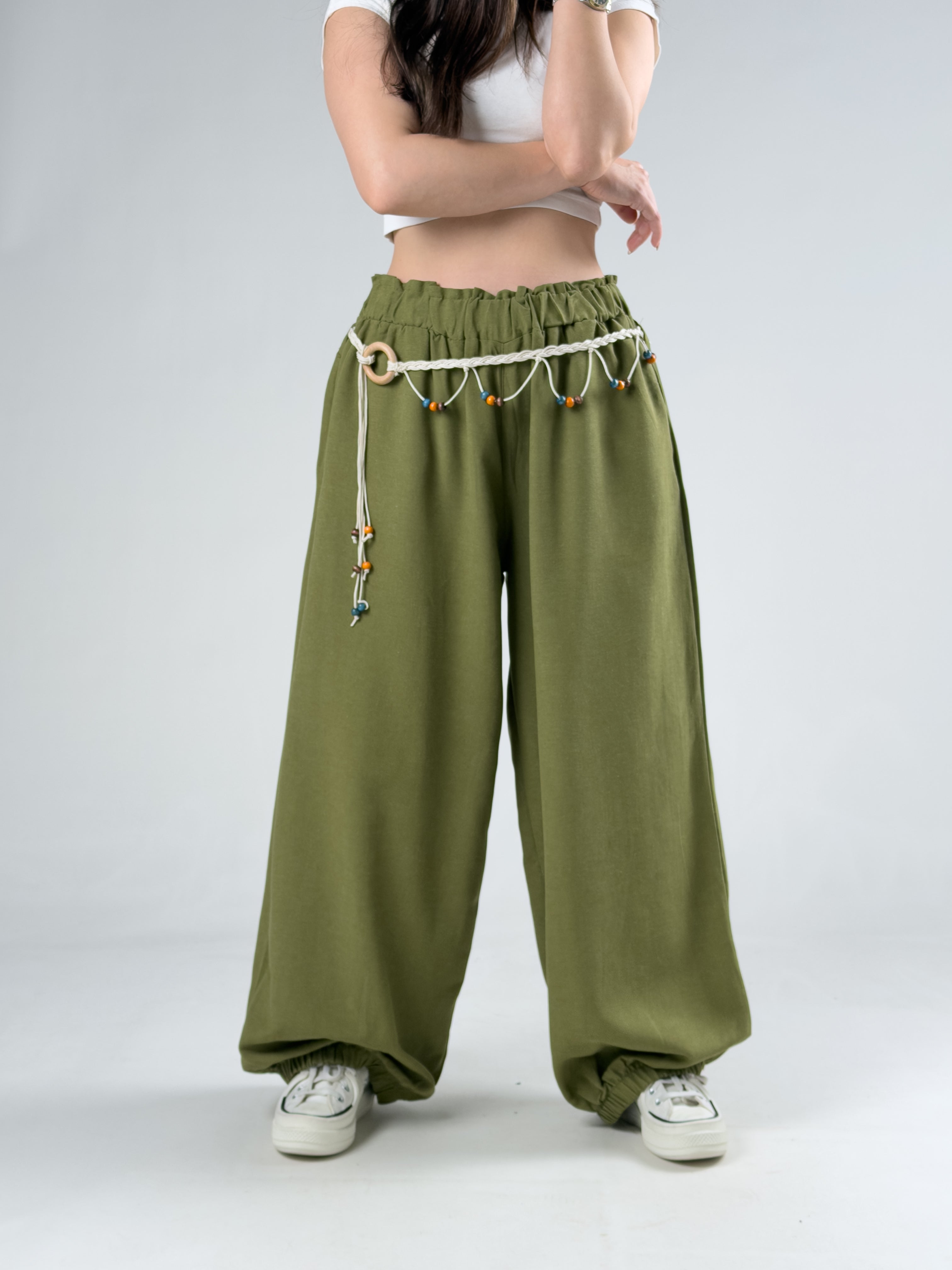 Kemerli Yeşil Kadın Baggy Pantolon COC3069