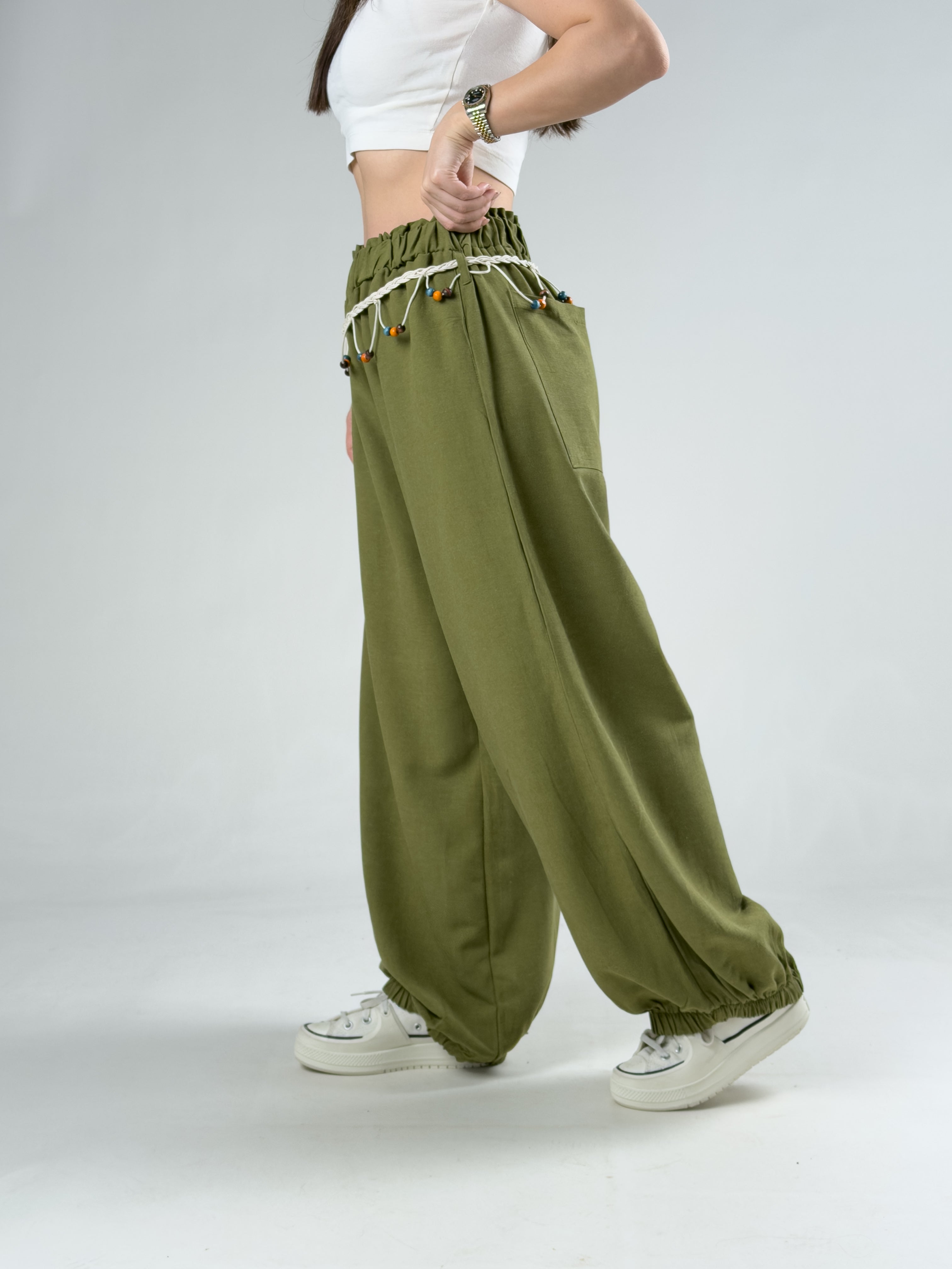 Kemerli Yeşil Kadın Baggy Pantolon COC3069