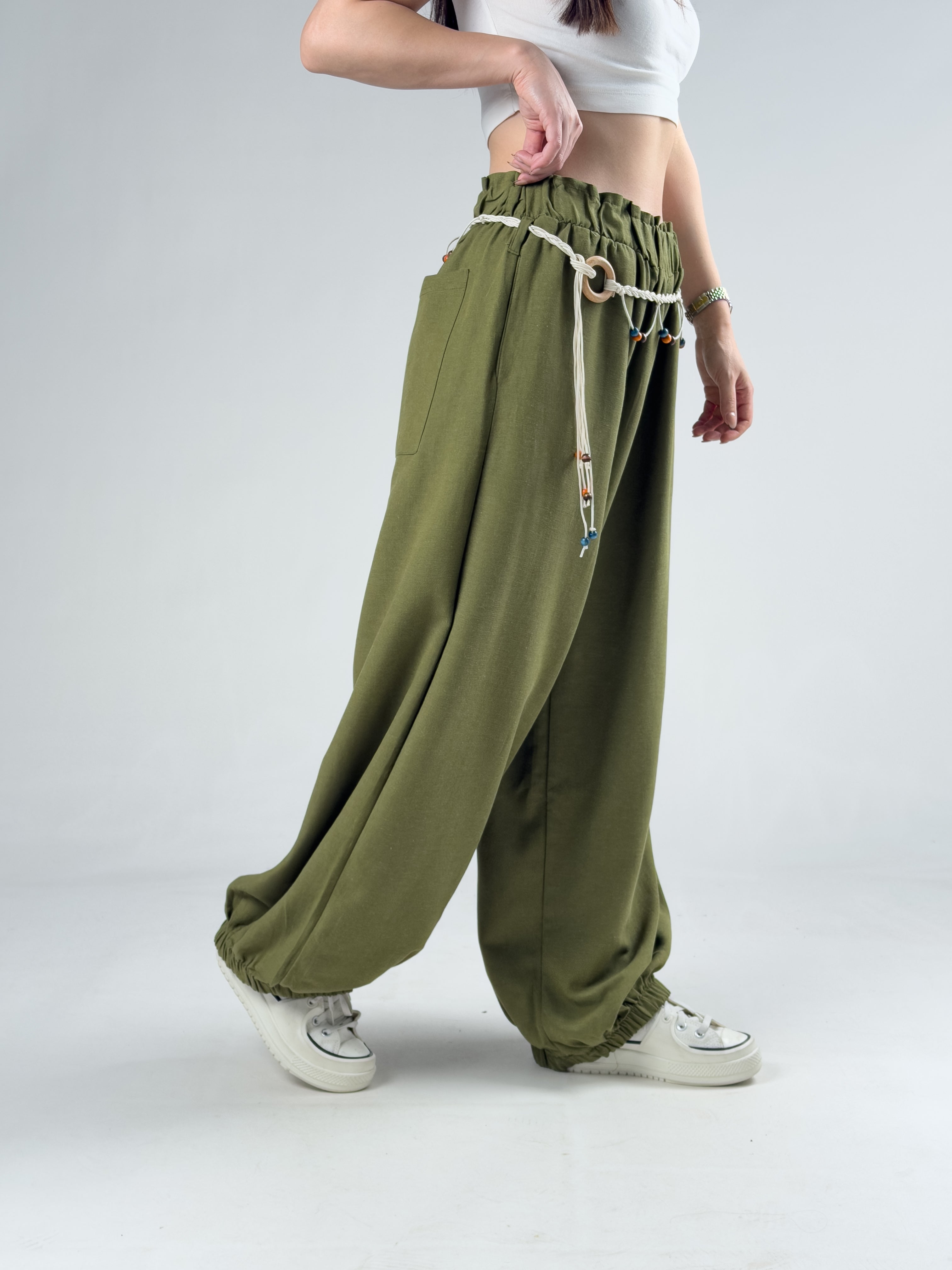 Kemerli Yeşil Kadın Baggy Pantolon COC3069