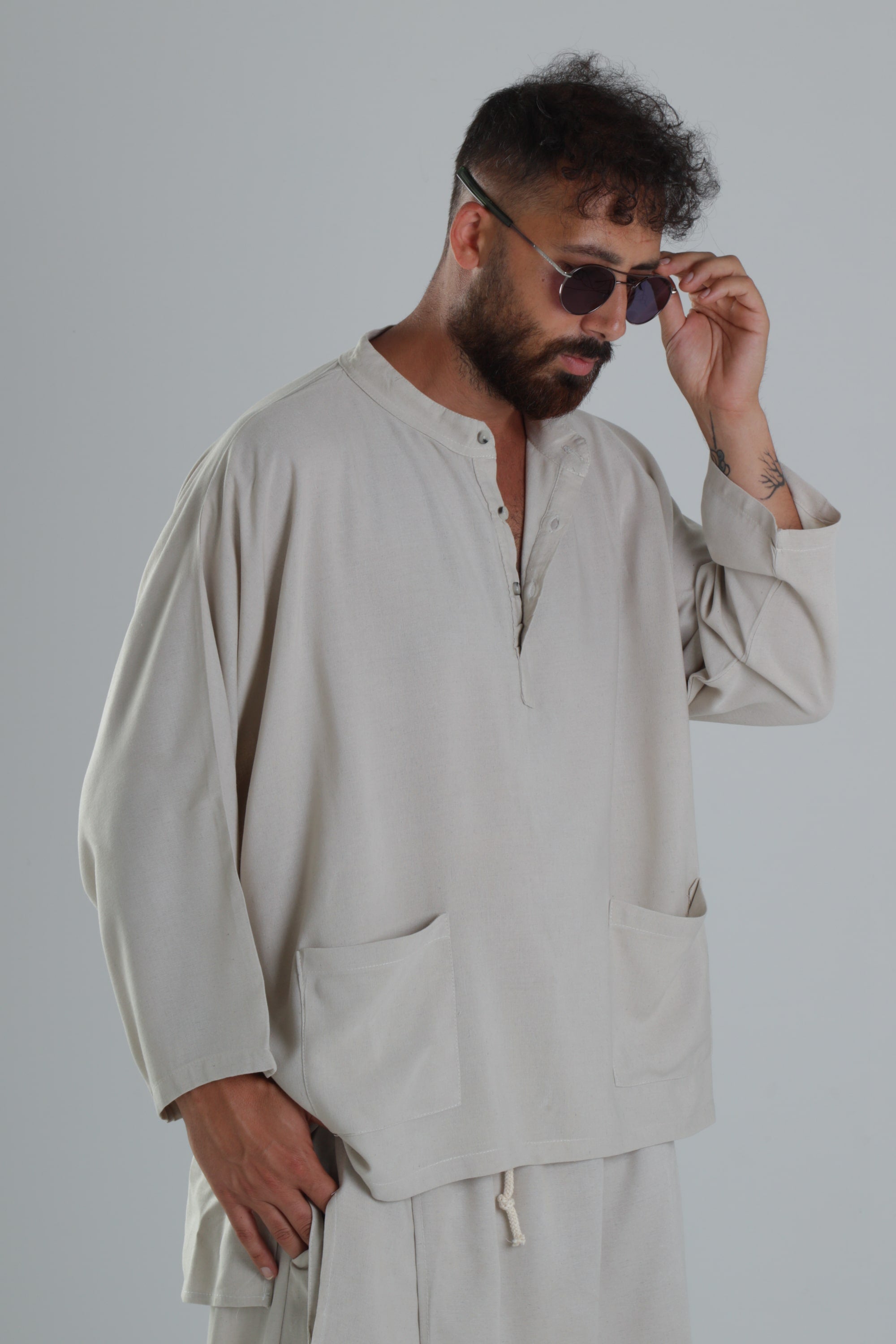 Keten Kumaş Oversize Bej Tasarım T-Shirt COC1289