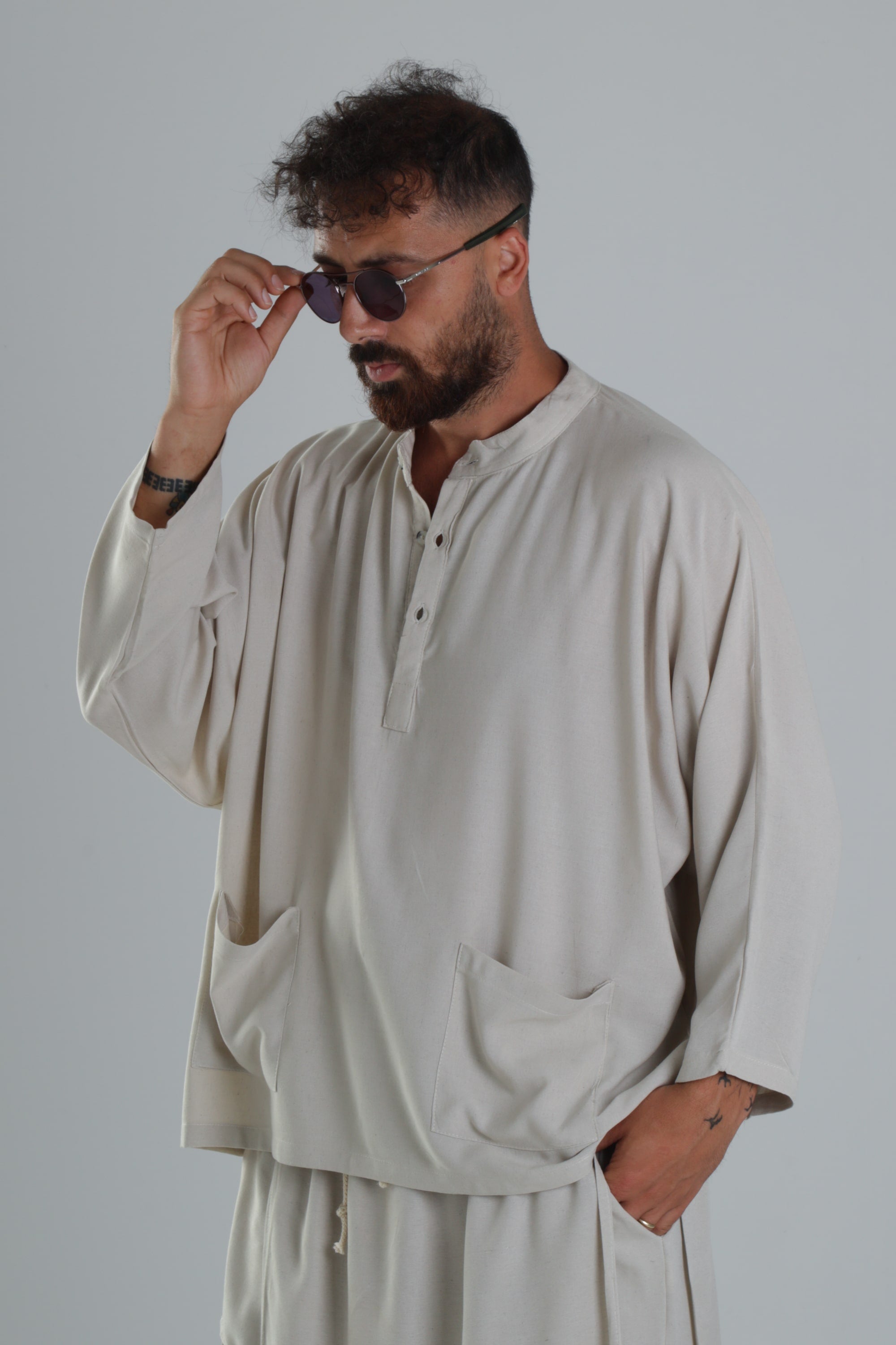 Keten Kumaş Oversize Bej Tasarım T-Shirt COC1289