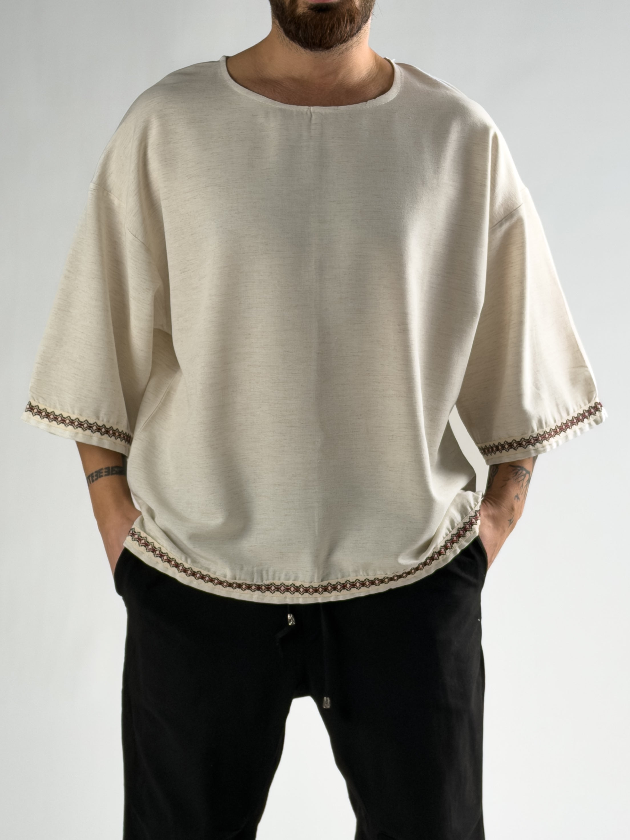 Kol Desenli Fakir Kol Oversize Bej Erkek T-Shirt COC2811