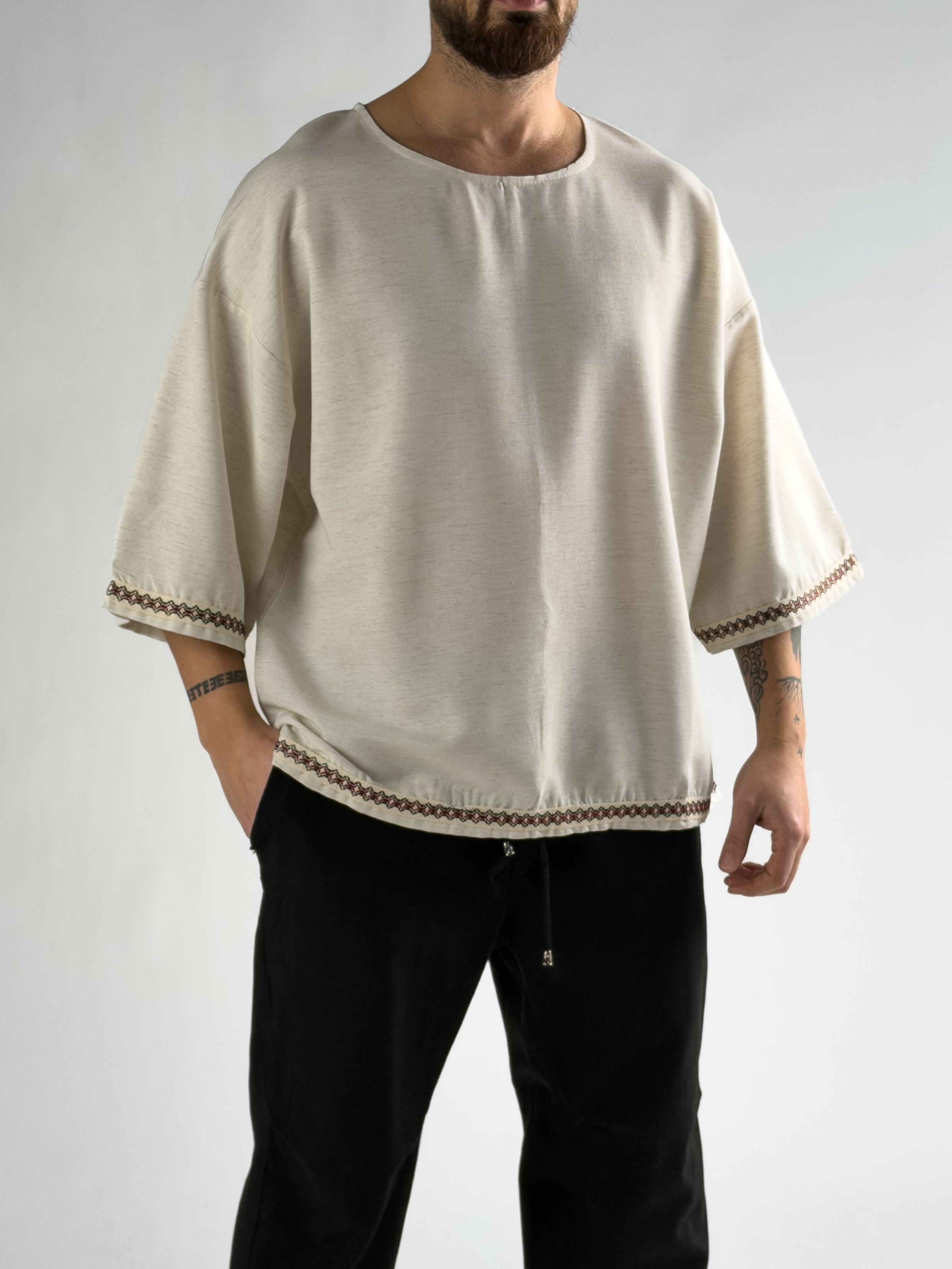 Kol Desenli Fakir Kol Oversize Bej Erkek T-Shirt COC2811