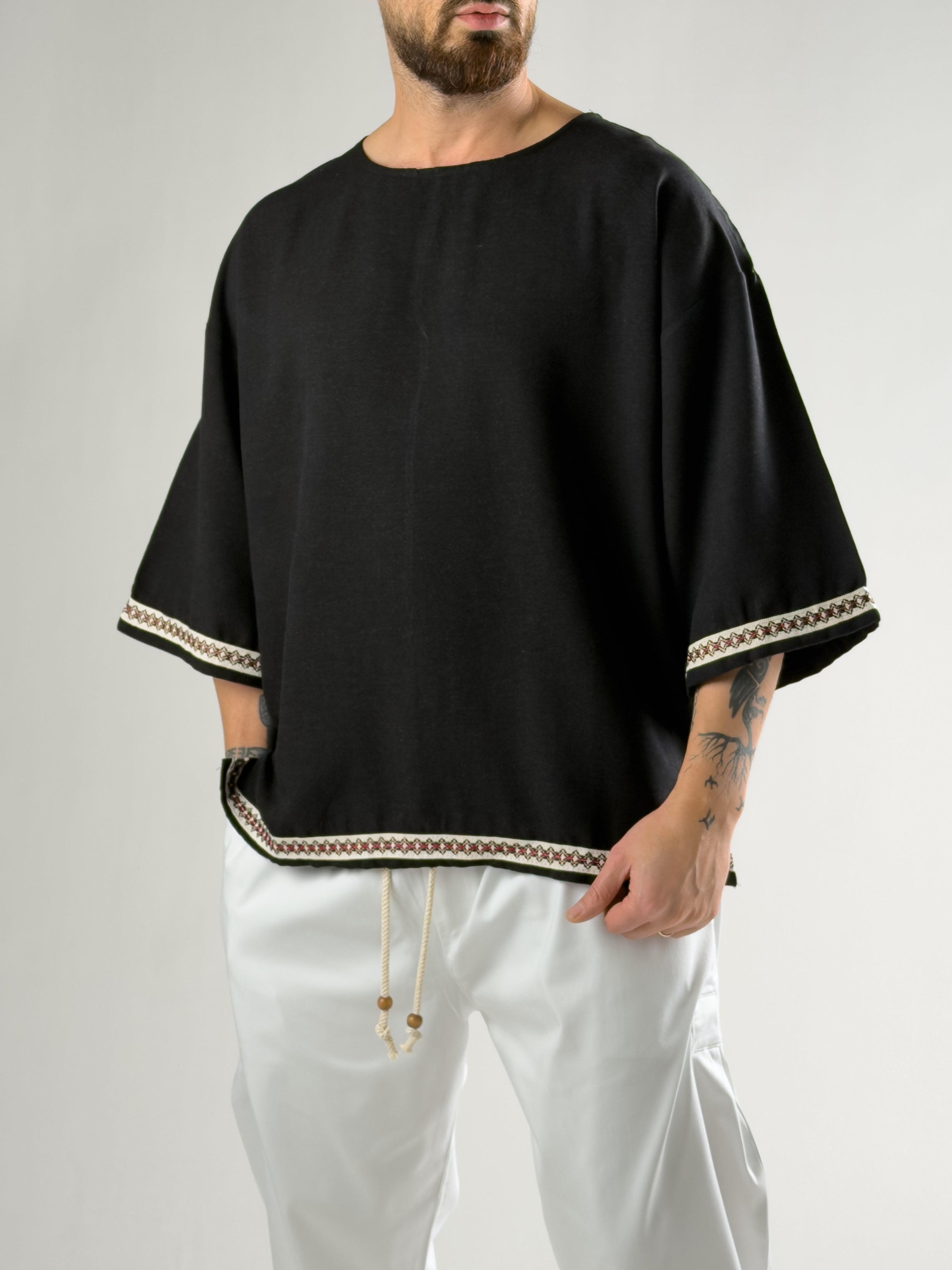 Kol Desenli Fakir Kol Oversize Siyah Erkek T-Shirt COC2812