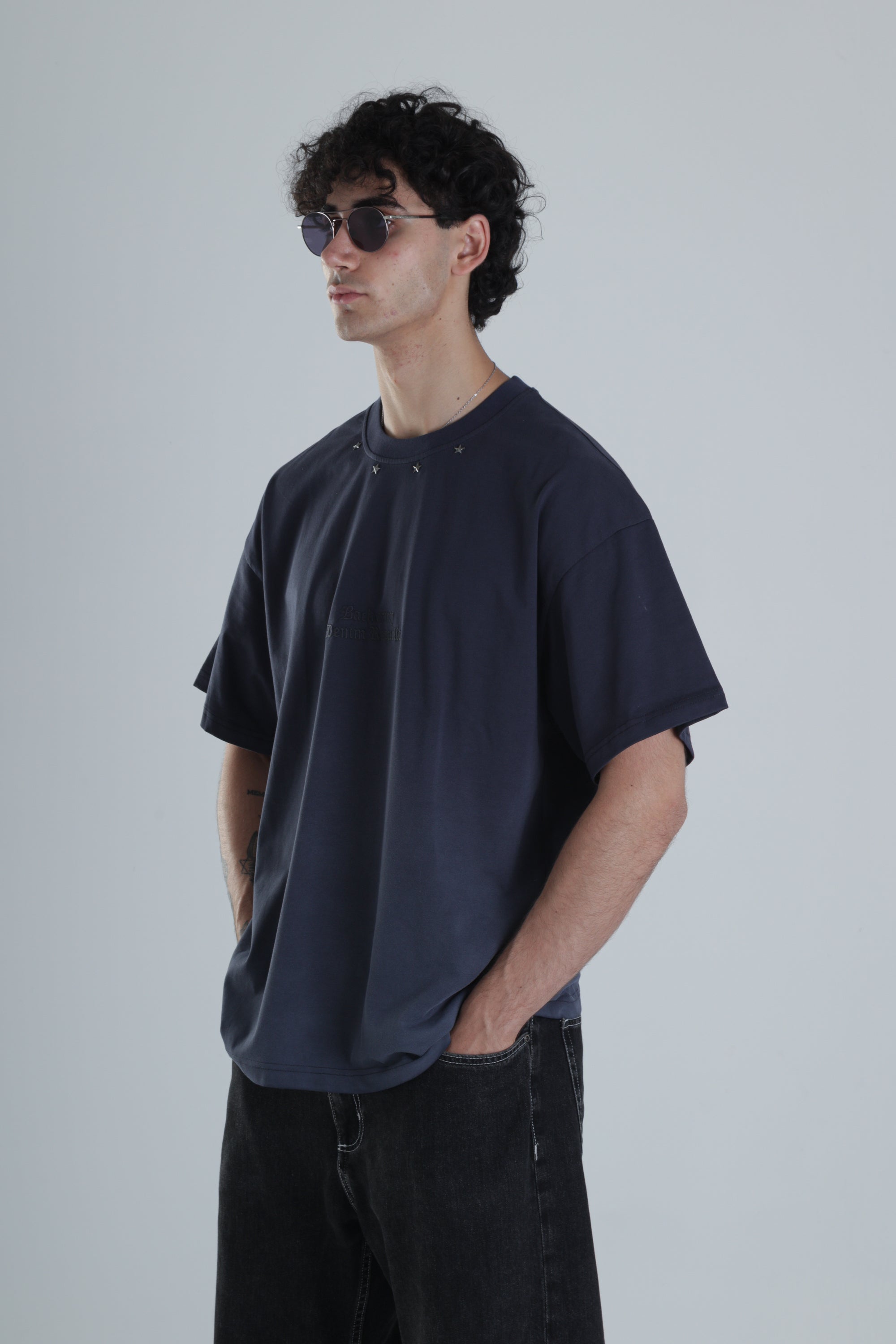 Lacivert Yıldız Detaylı Tasarım Oversize T-Shirt COC1393