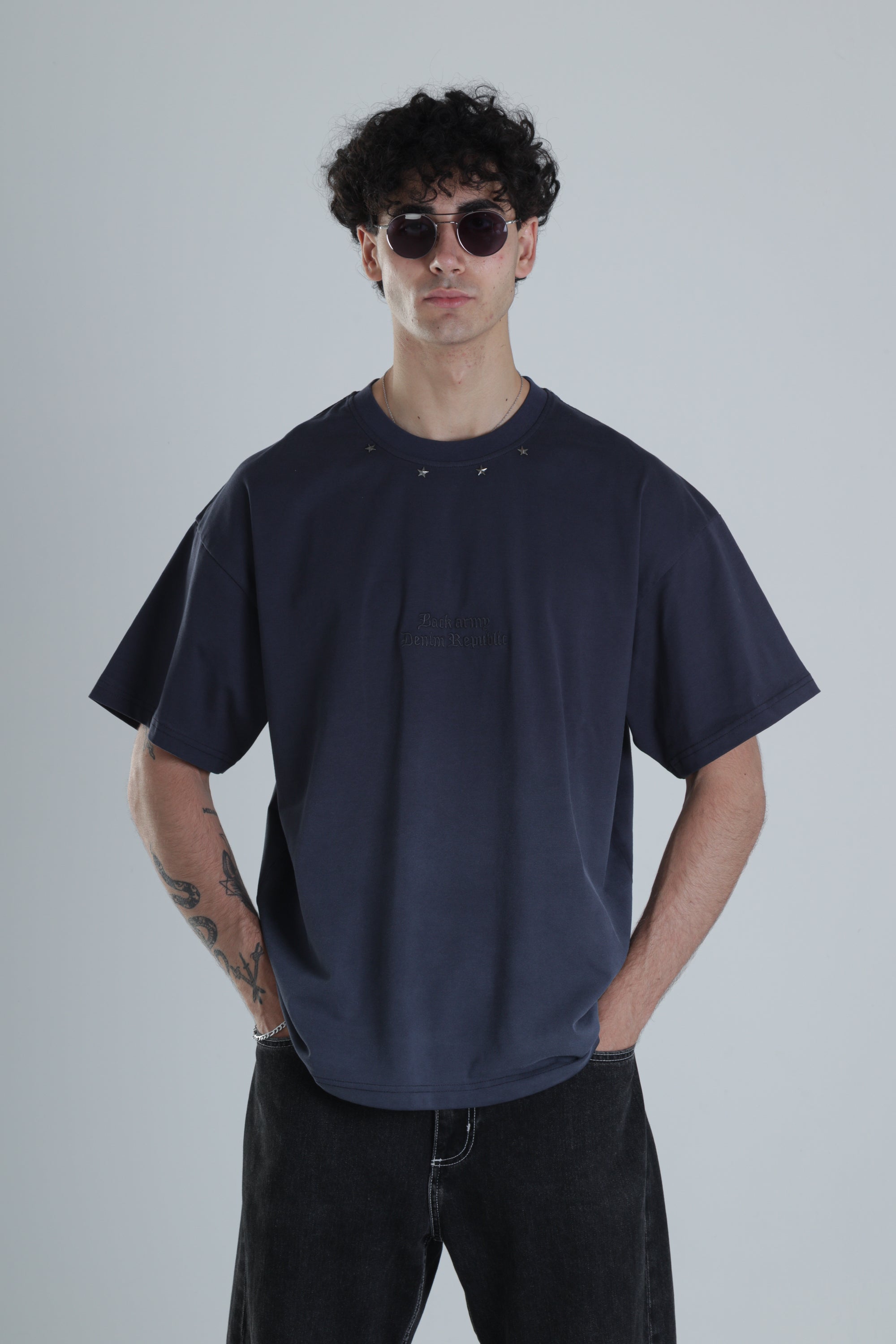 Lacivert Yıldız Detaylı Tasarım Oversize T-Shirt COC1393
