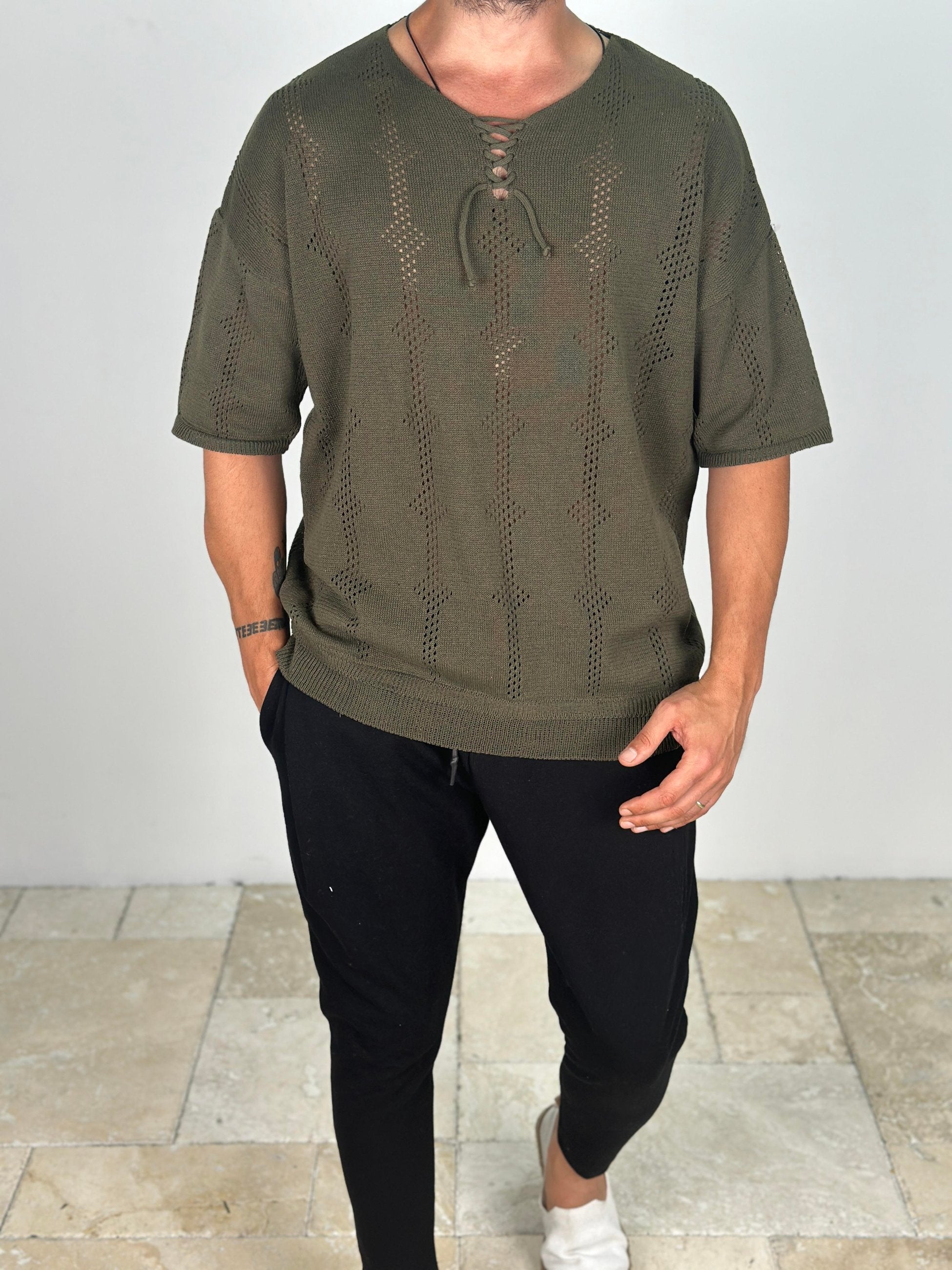 Lazer Kesim Örme Haki T-Shirt COC2021