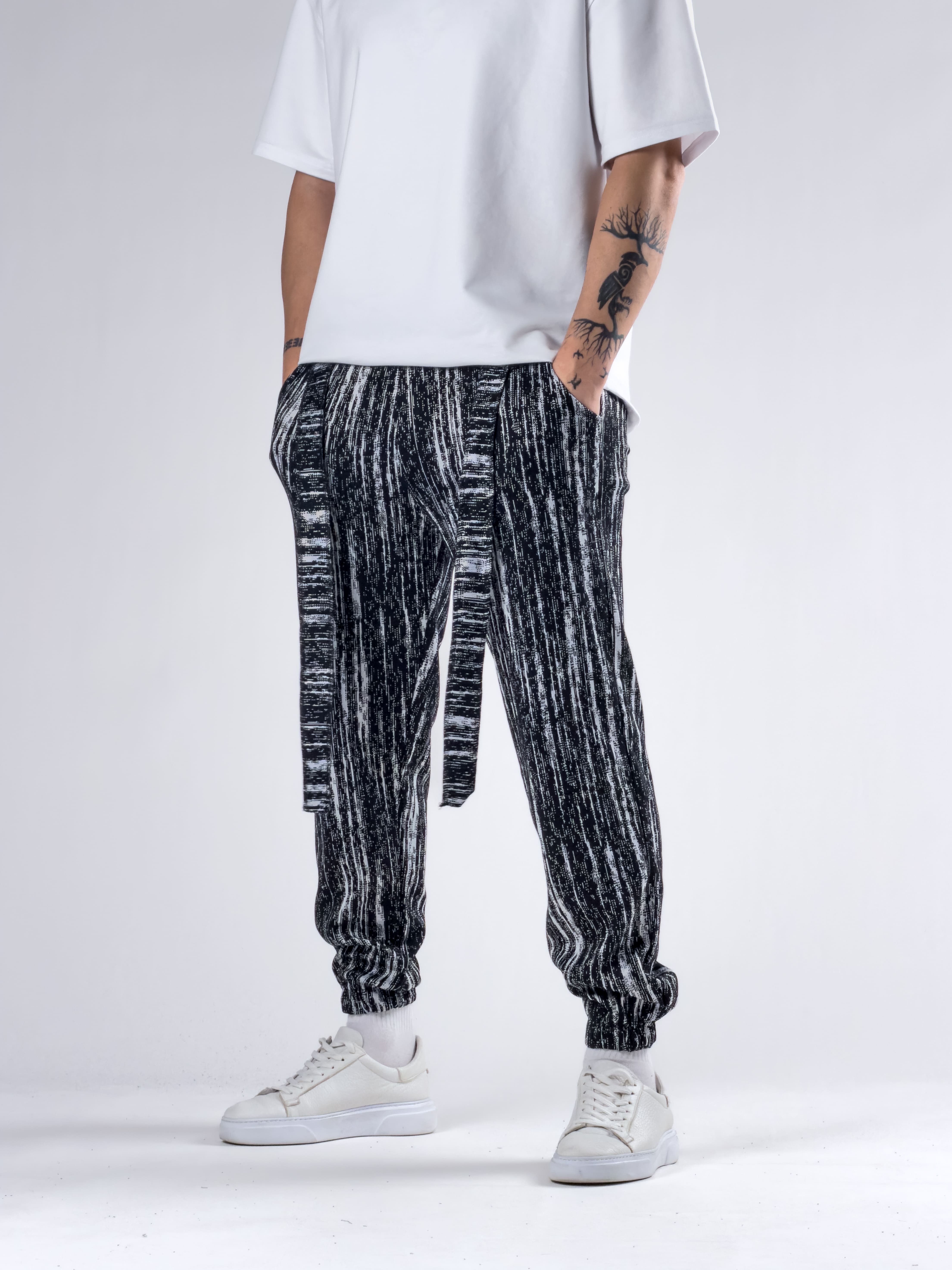 Matrix Desenli Kemerli Siyah Erkek Jogger Pantolon COC2773