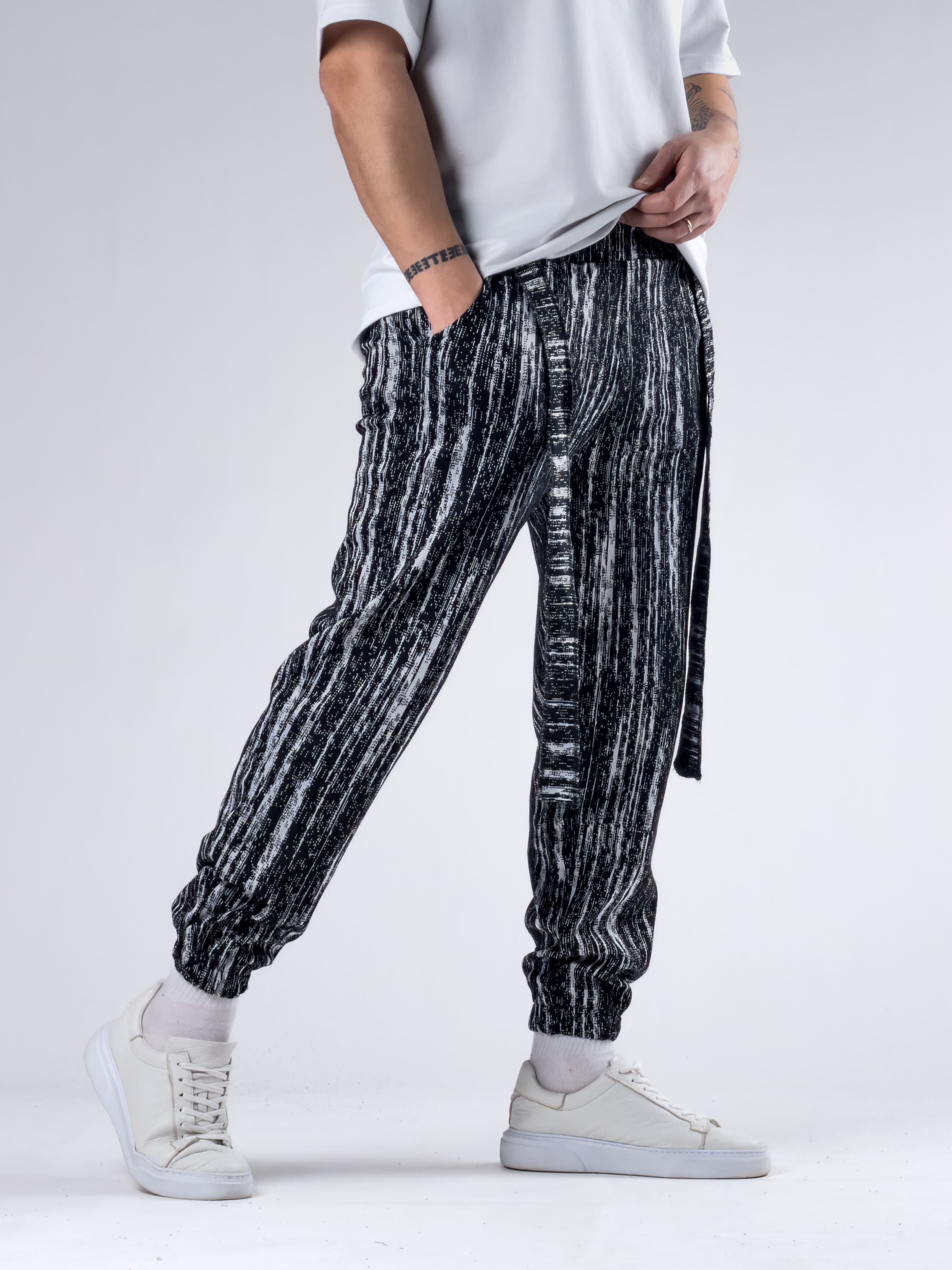 Matrix Desenli Kemerli Siyah Erkek Jogger Pantolon COC2773