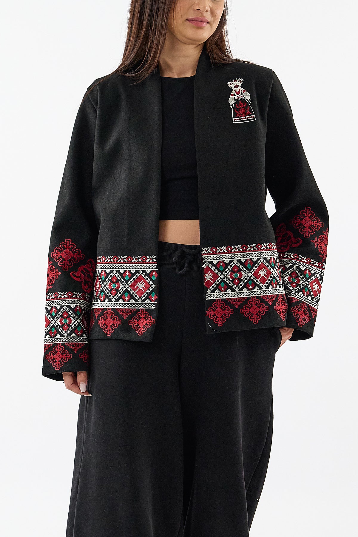 Nakış Detaylı Bohem Siyah Kimono Kadın Ceket COC3630