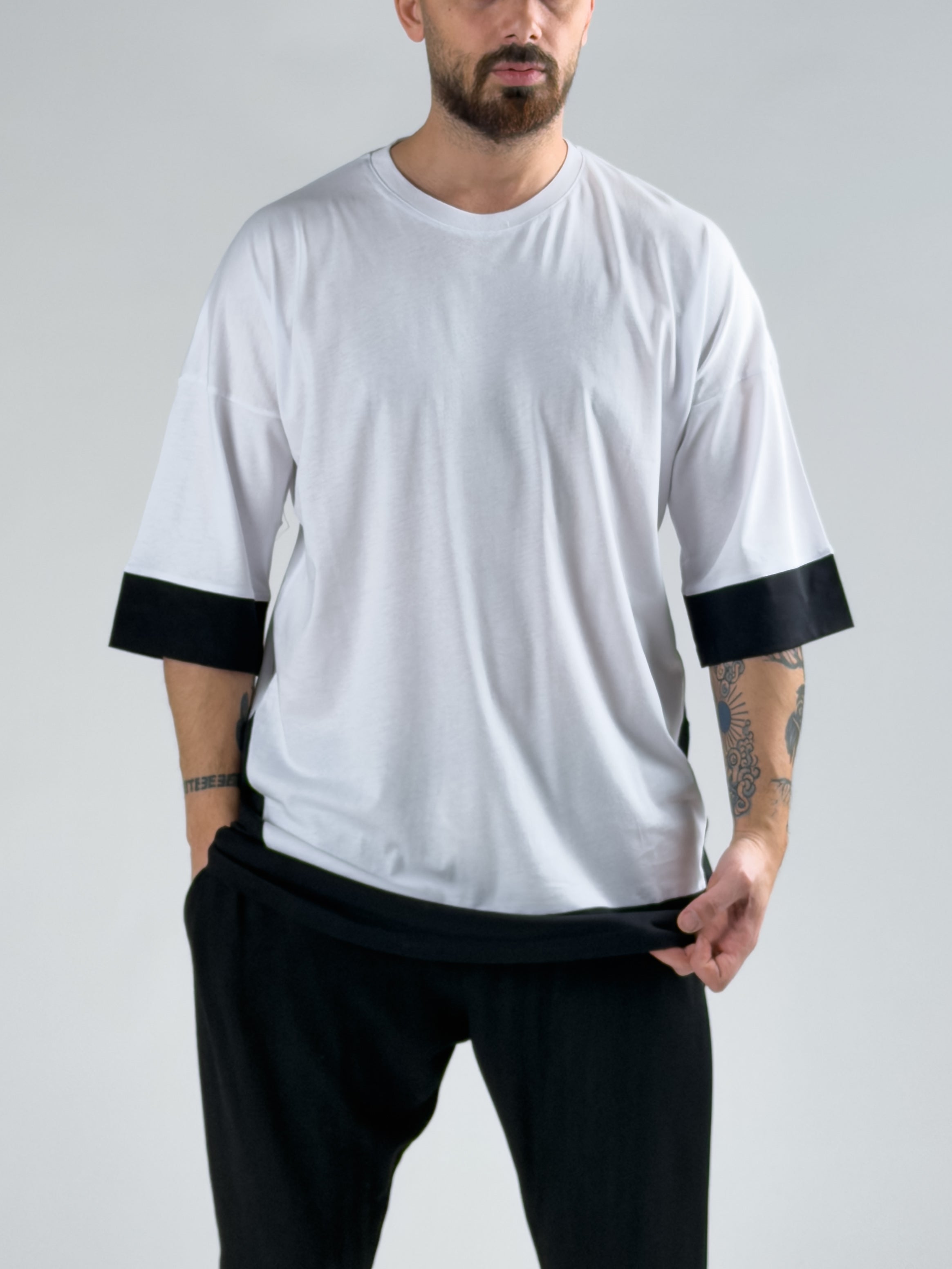 Oversize Beyaz - Siyah Erkek T-Shirt COC3072