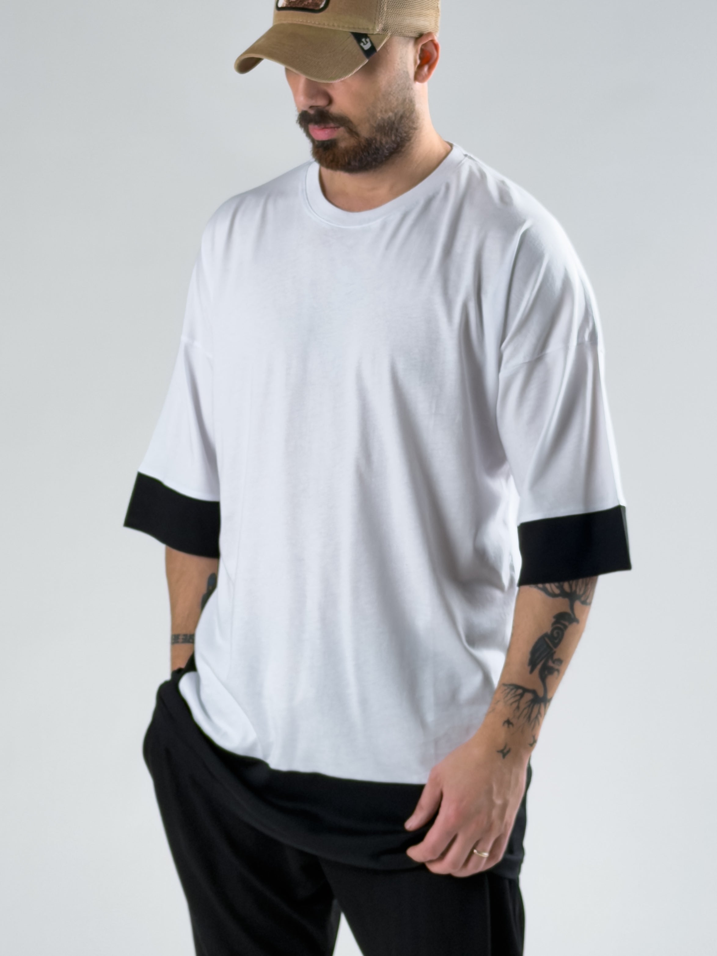 Oversize Beyaz - Siyah Erkek T-Shirt COC3072