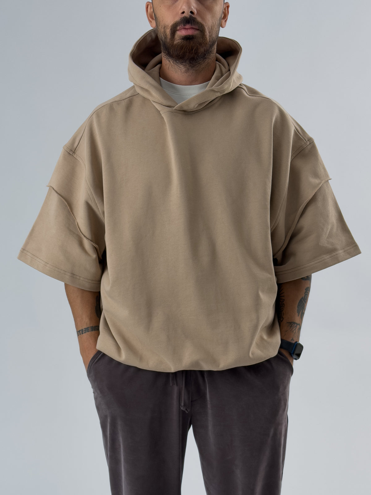 Oversize Kapüşonlu Bej Erkek Hoodie COC3479