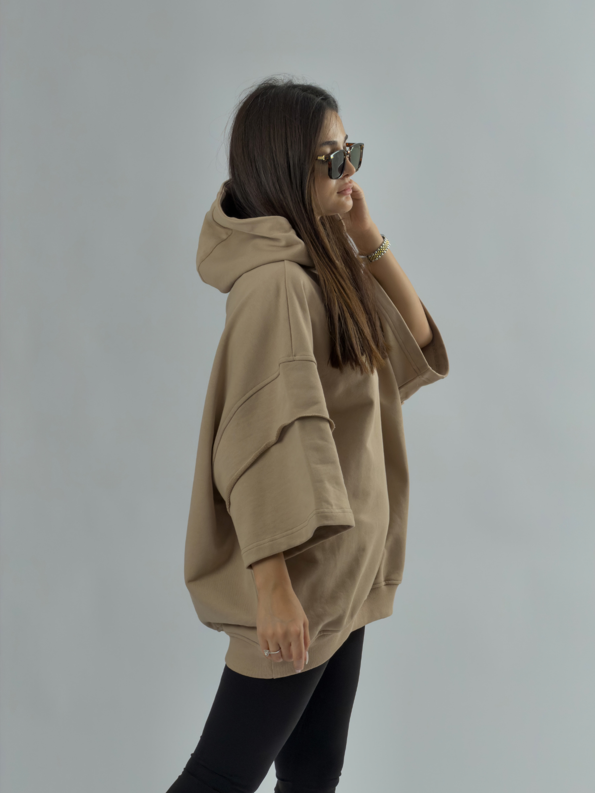 Oversize Kapüşonlu Bej Kadın Hoodie COC3498