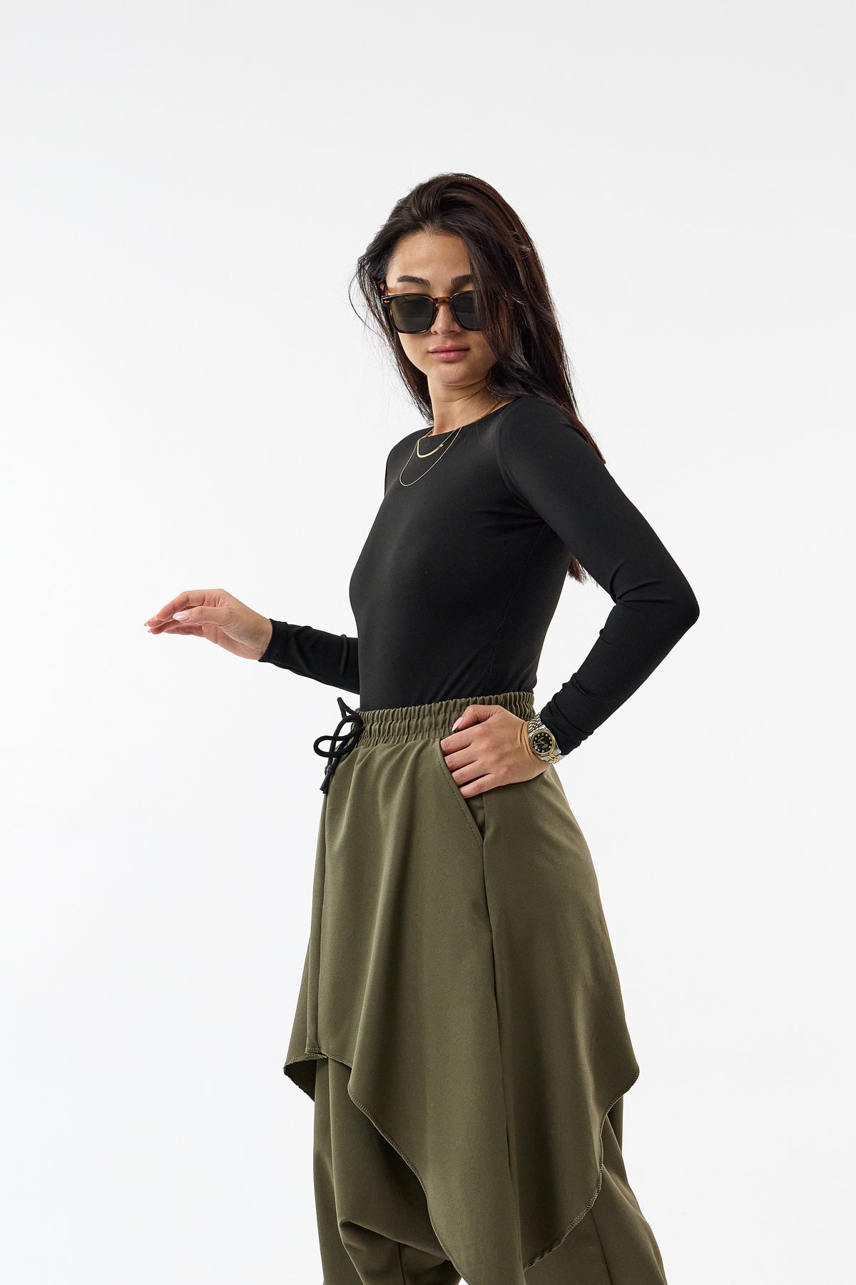 Oversize Şalvarlı Samurai Haki Kadın Pantolon COC3689