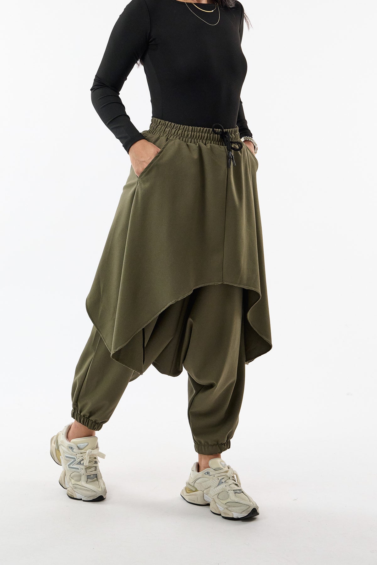 Oversize Şalvarlı Samurai Haki Kadın Pantolon COC3689