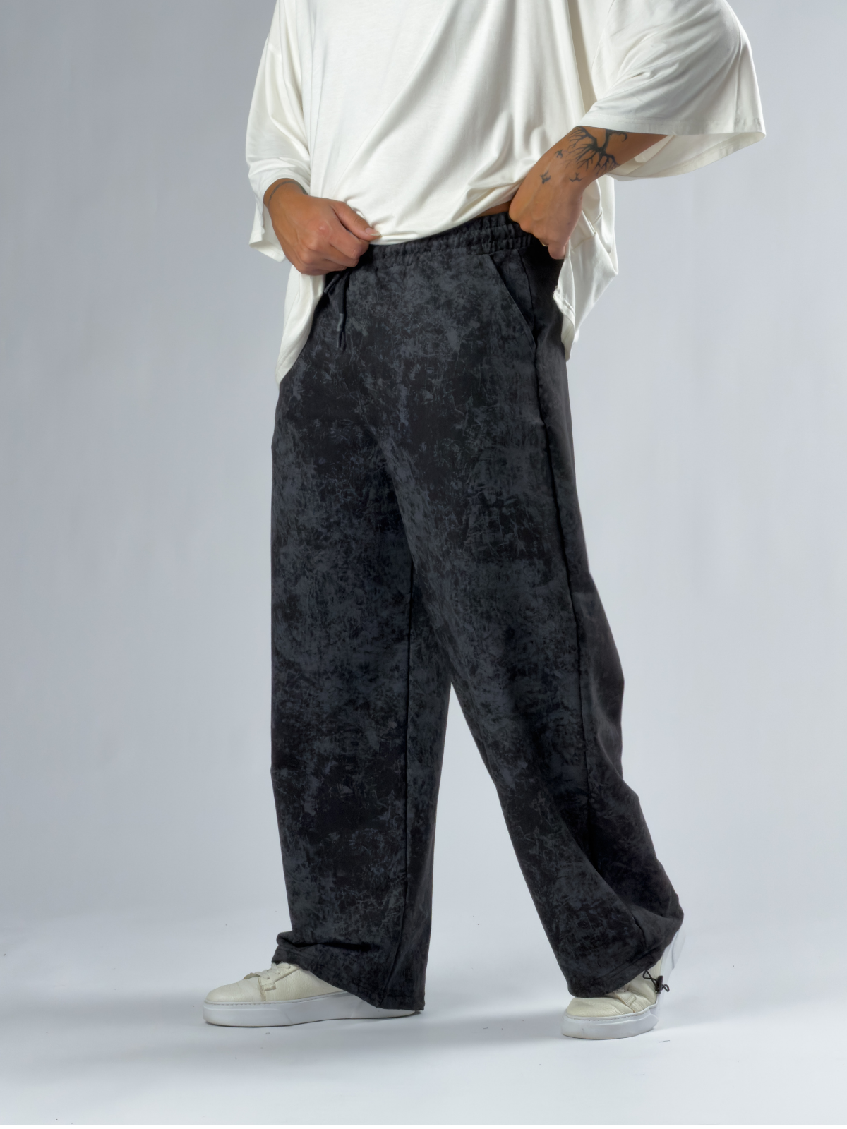 Paça Ayarlamalı Desenli Siyah Erkek Baggy Pantolon COC3354