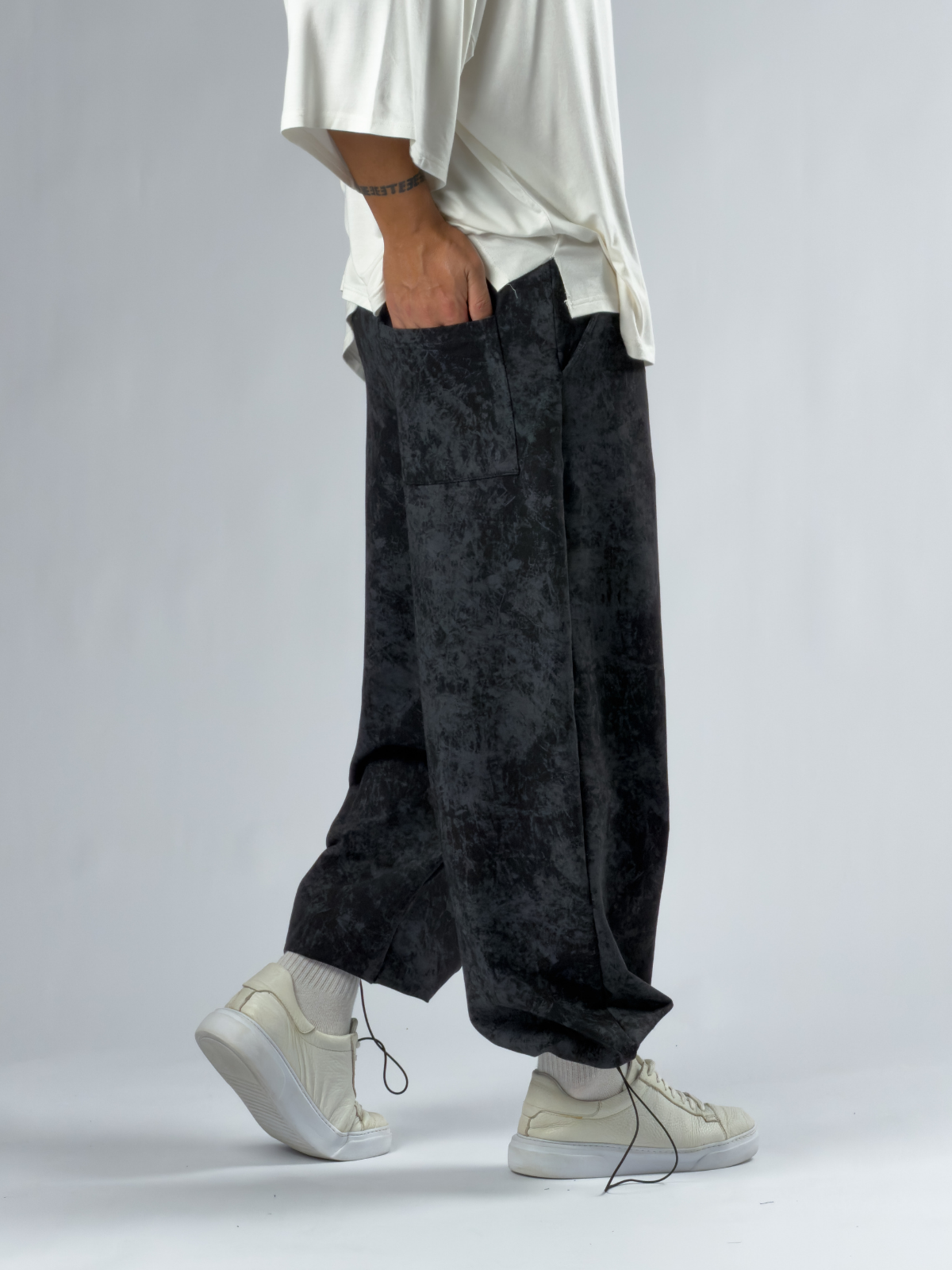 Paça Ayarlamalı Desenli Siyah Erkek Baggy Pantolon COC3354