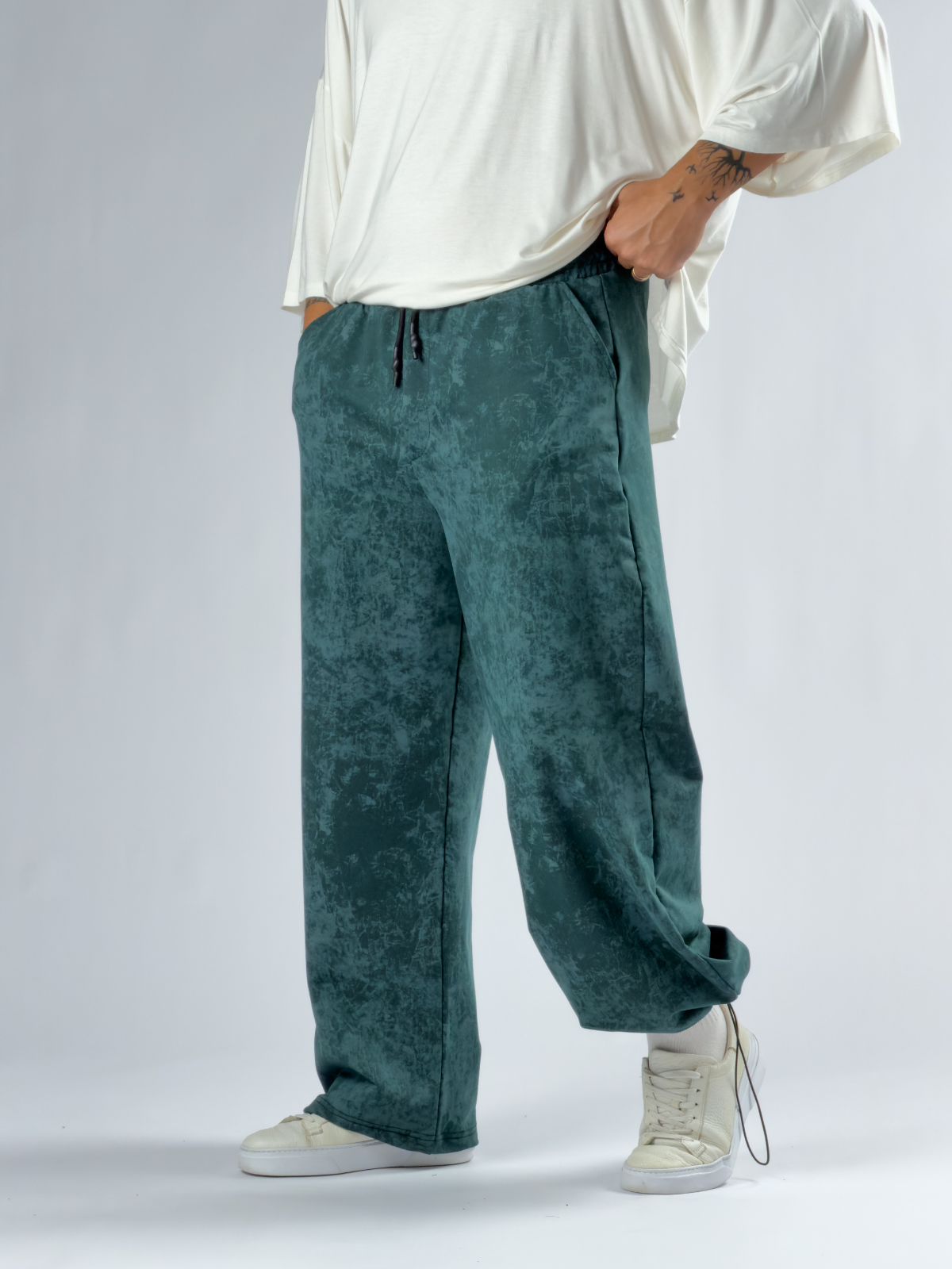 Paça Ayarlamalı Desenli Yeşil Erkek Baggy Pantolon COC3355