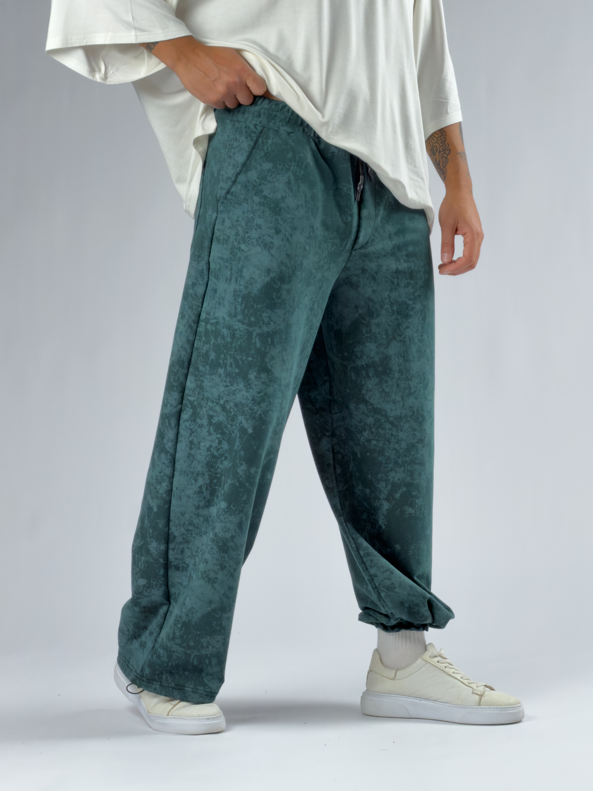Paça Ayarlamalı Desenli Yeşil Erkek Baggy Pantolon COC3355