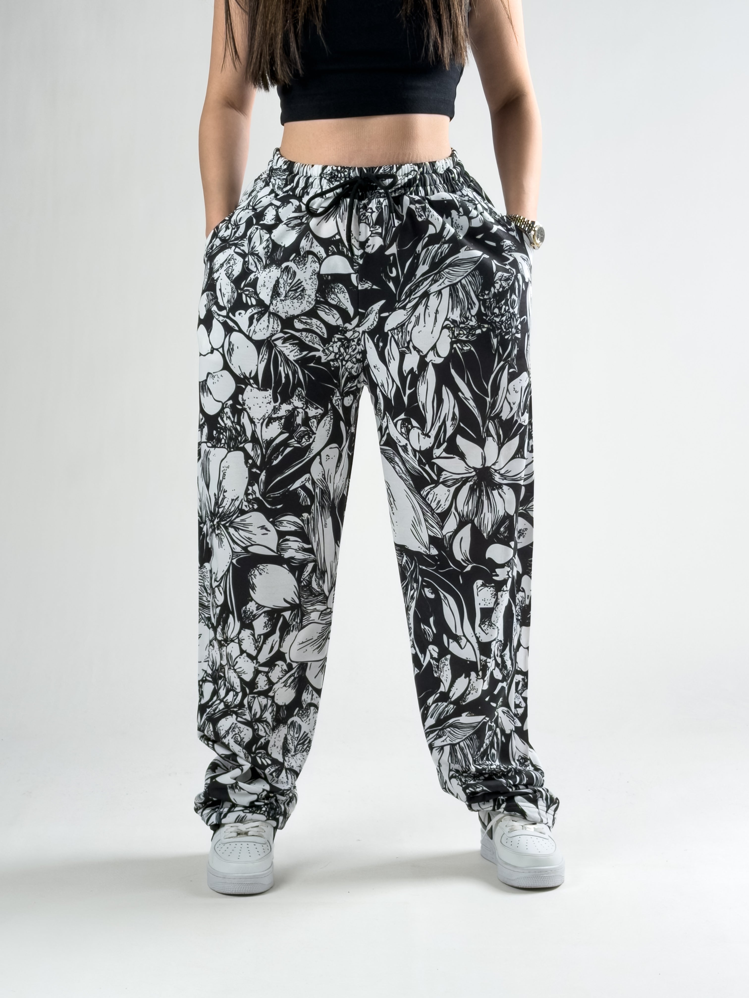 Paça Ayarlamalı Gül Desenli Kadın Jogger Pantolon COC2803