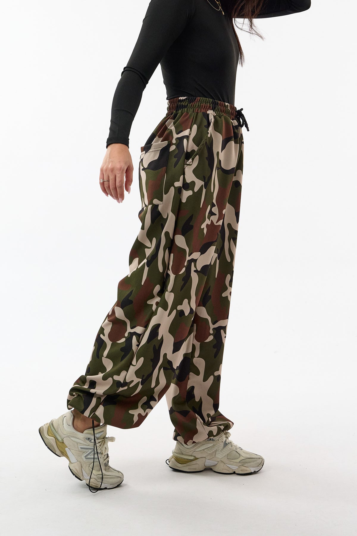 Paça Ayarlamalı Süper Oversize Kamuflaj Baggy Kadın Pantolon COC3766