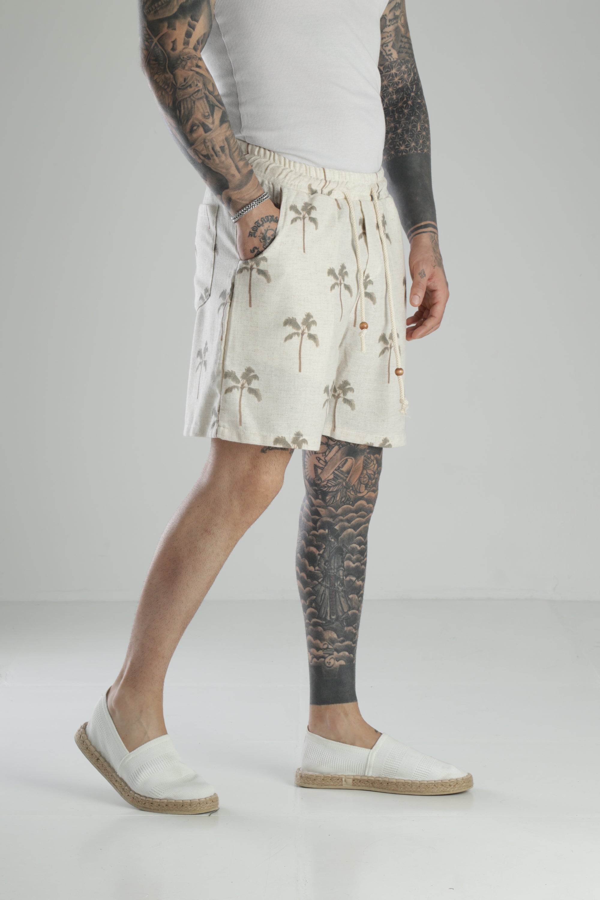 Palmiye Desenli Keten Şort COC1473