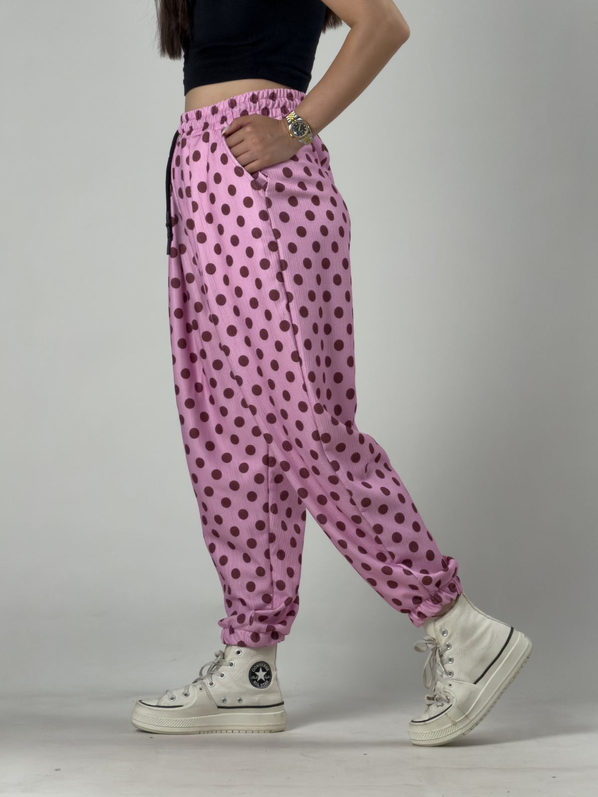 Pembe Puantiyeli Kadın Jogger Pantolon COC3259