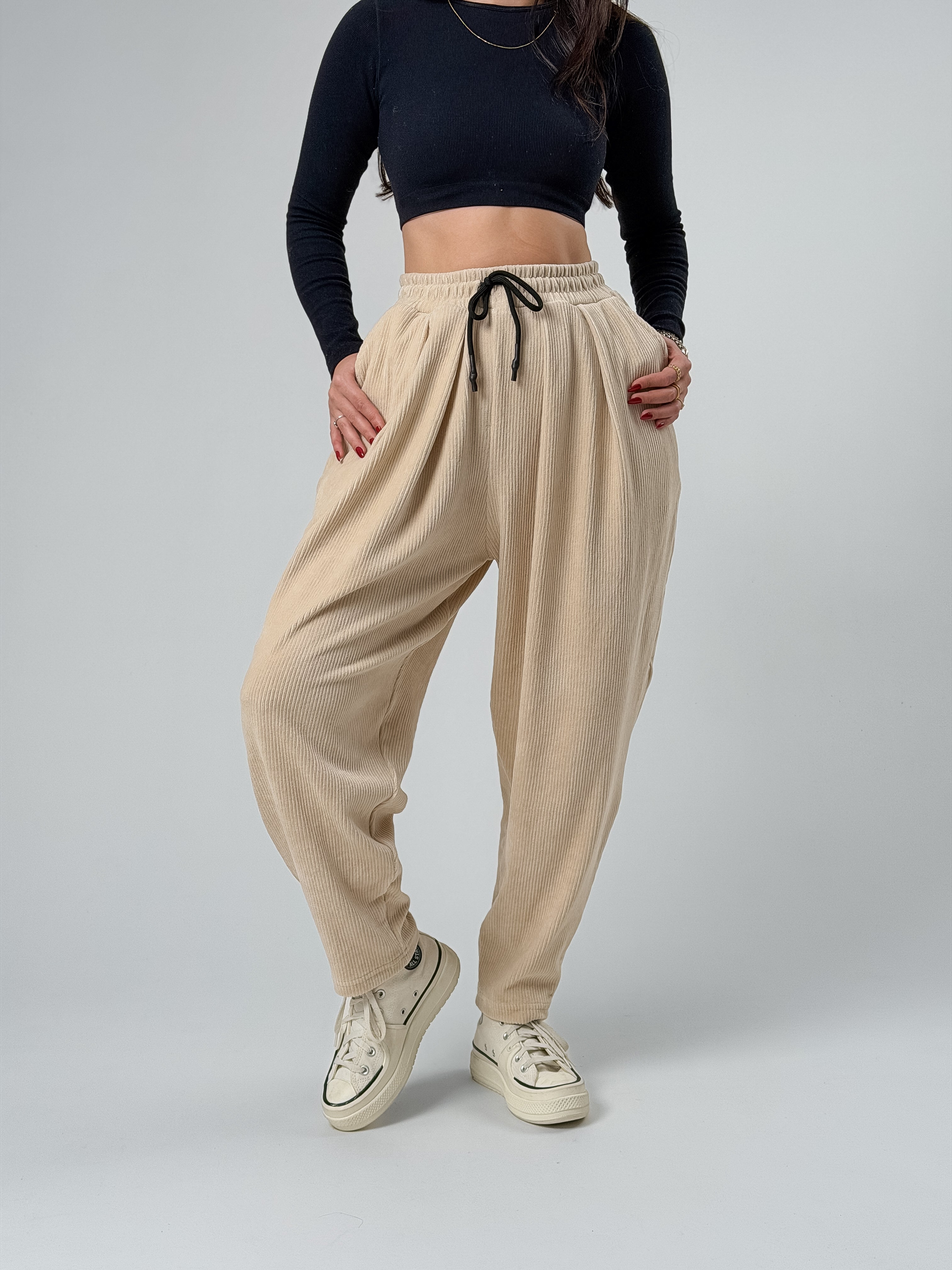 Bej Pileli Kadın Jogger Pantolon COC2561