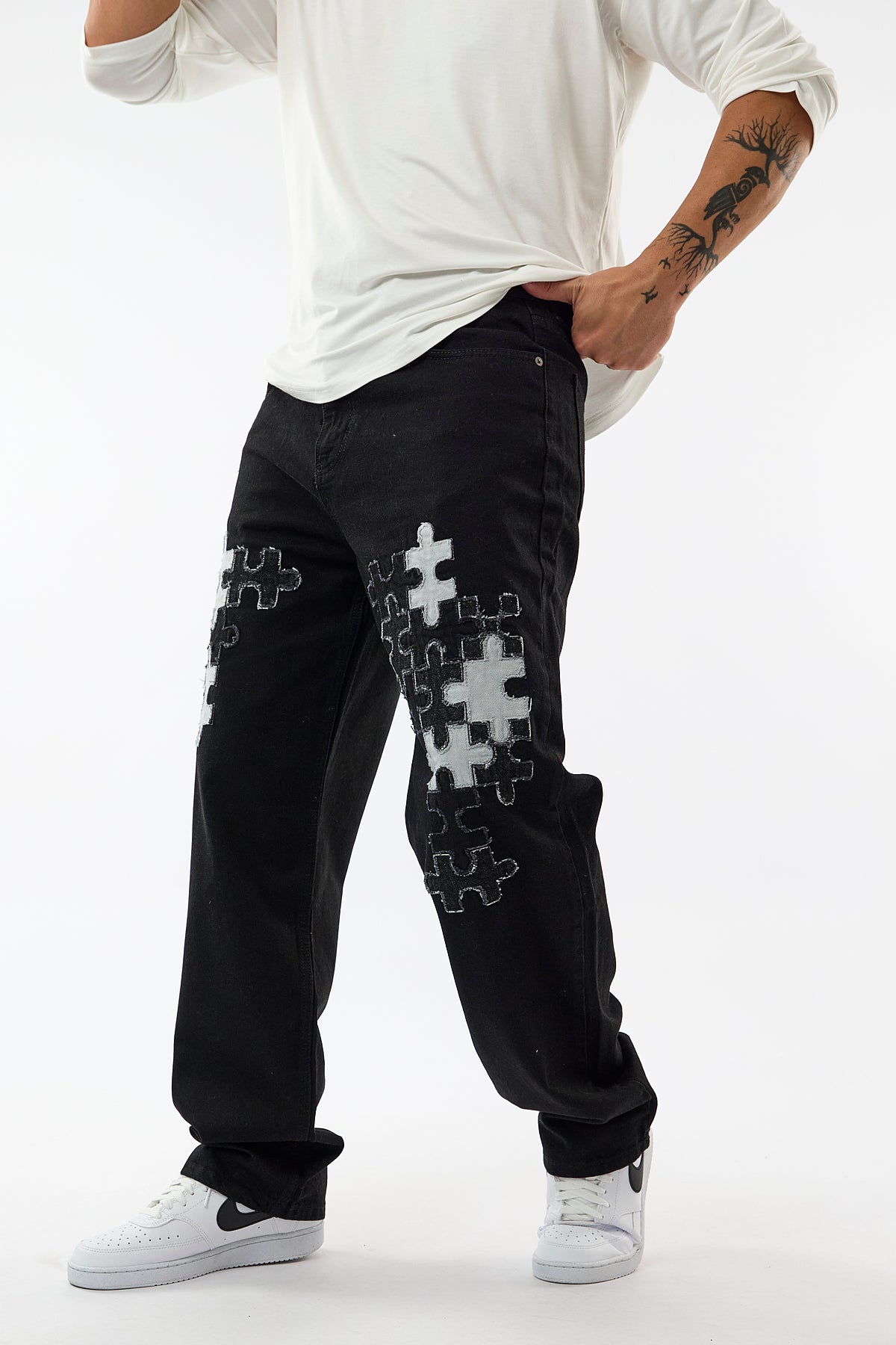Puzzle Detaylı Siyah Jean Erkek Pantolon COC3656