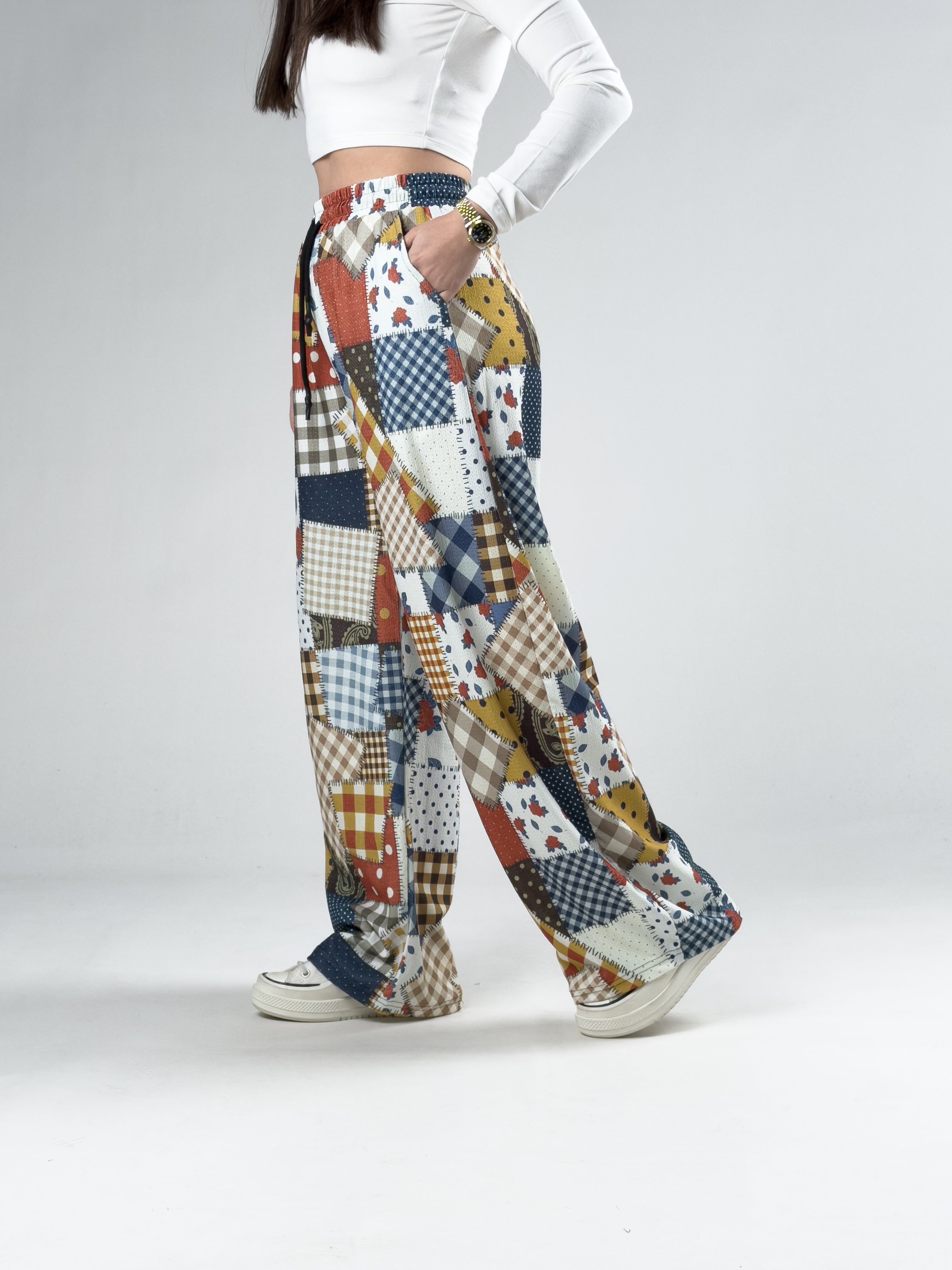 Renkli Kadın Patchwork Oversize Pantolon COC2955
