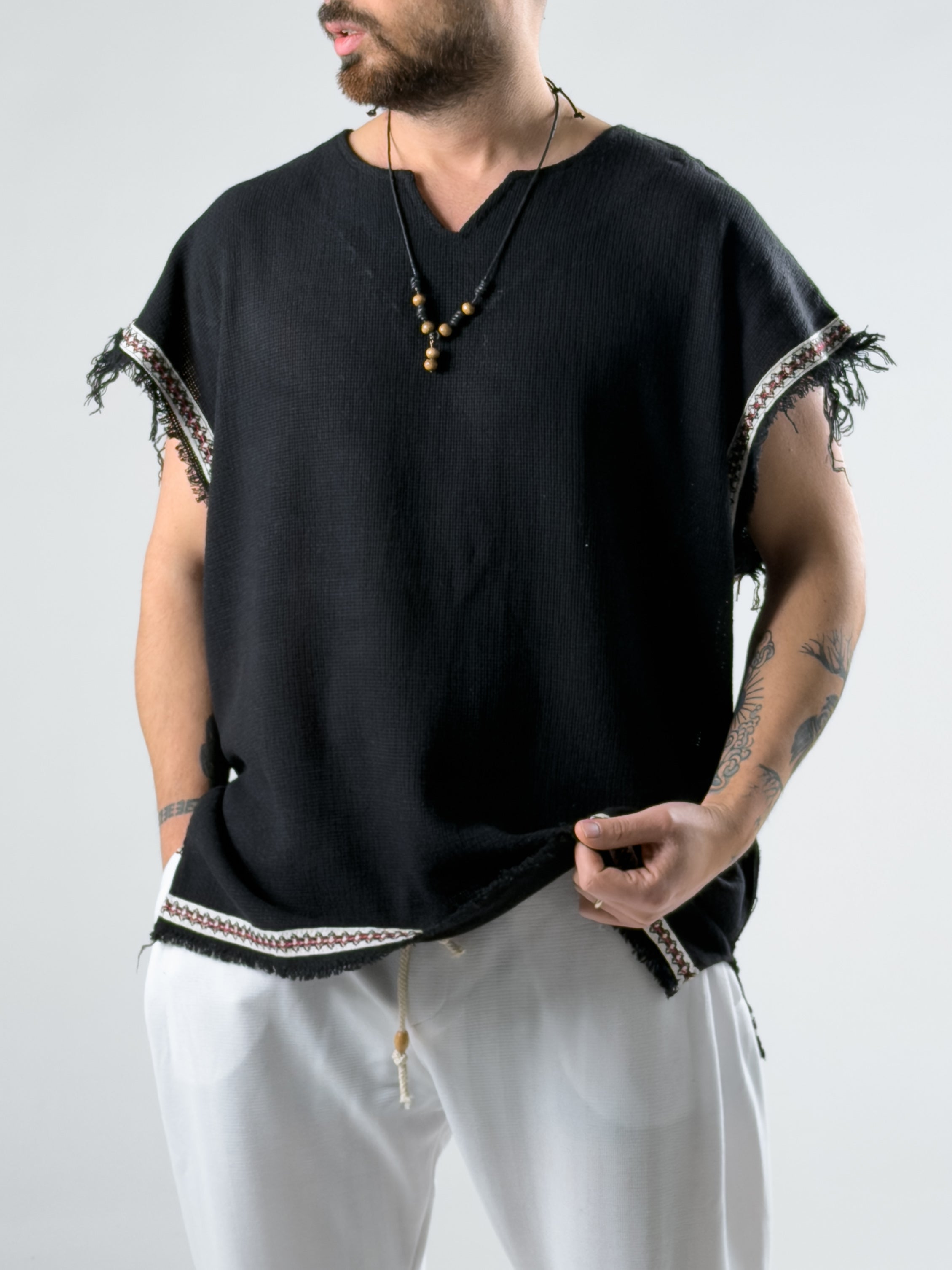 Şerit Detaylı Siyah Erkek Bohem T-Shirt COC2967