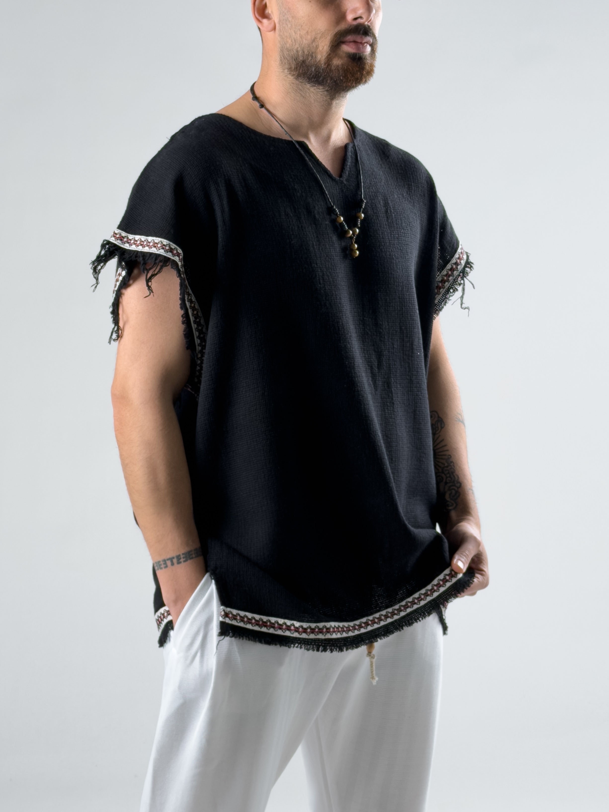 Şerit Detaylı Siyah Erkek Bohem T-Shirt COC2967