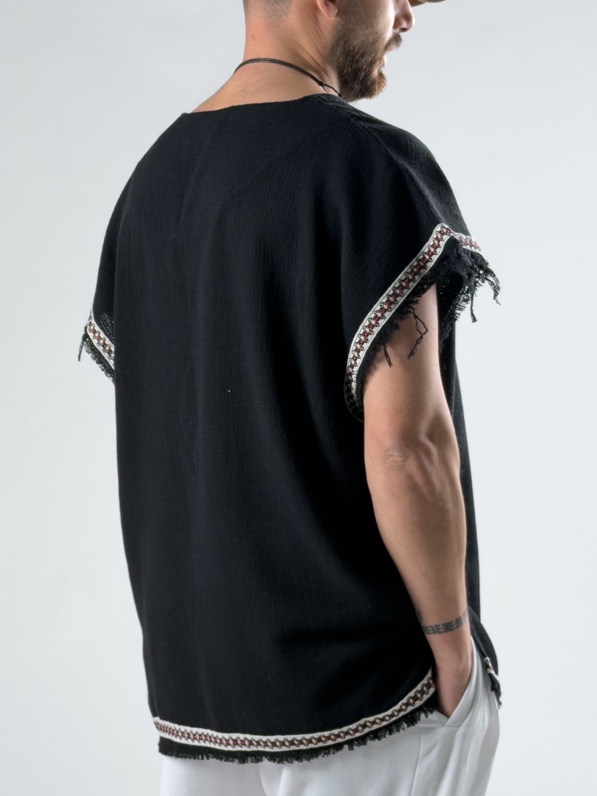 Şerit Detaylı Siyah Erkek Bohem T-Shirt COC2967