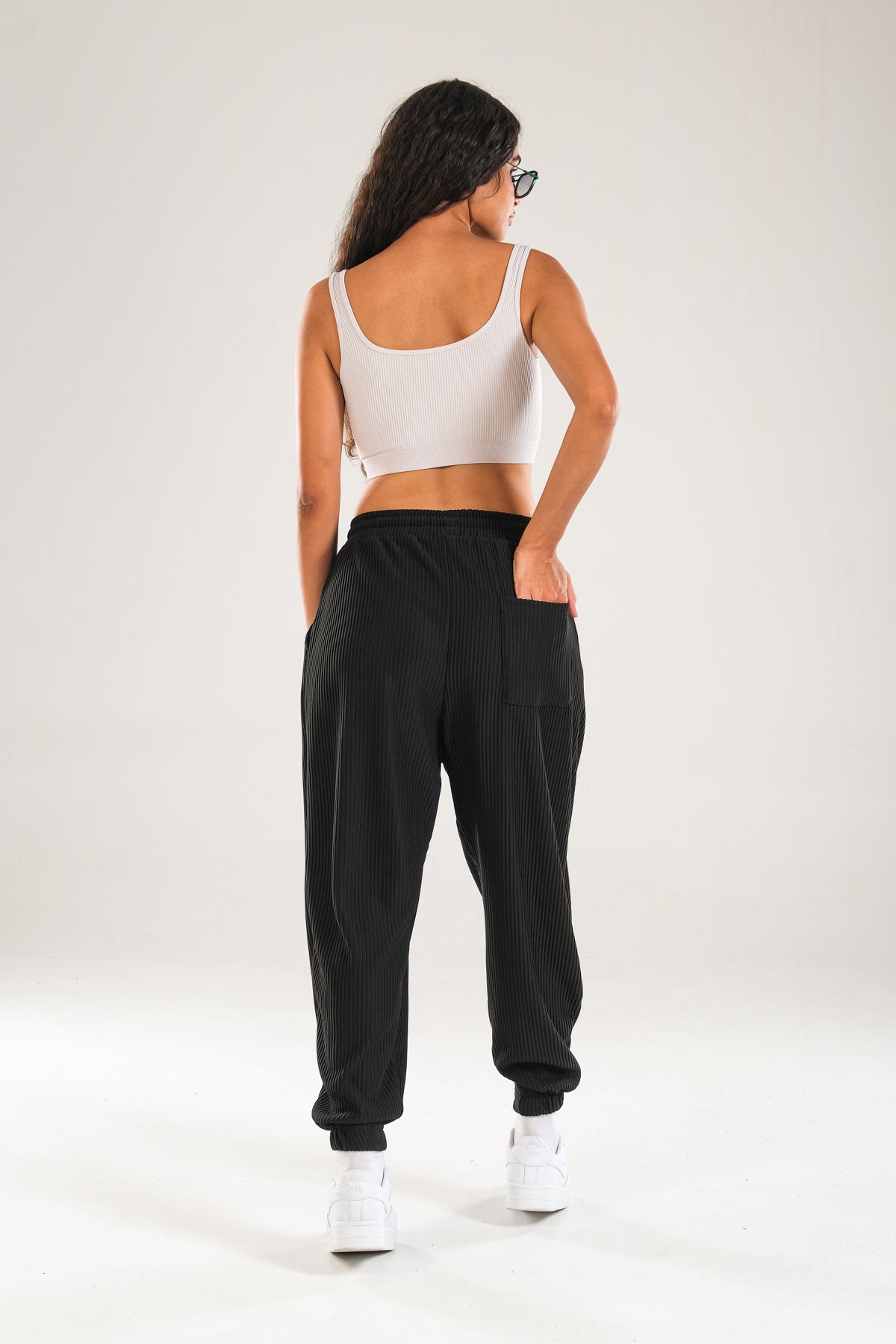 Siyah Fitilli Pileli Jogger Pantolon COC1142