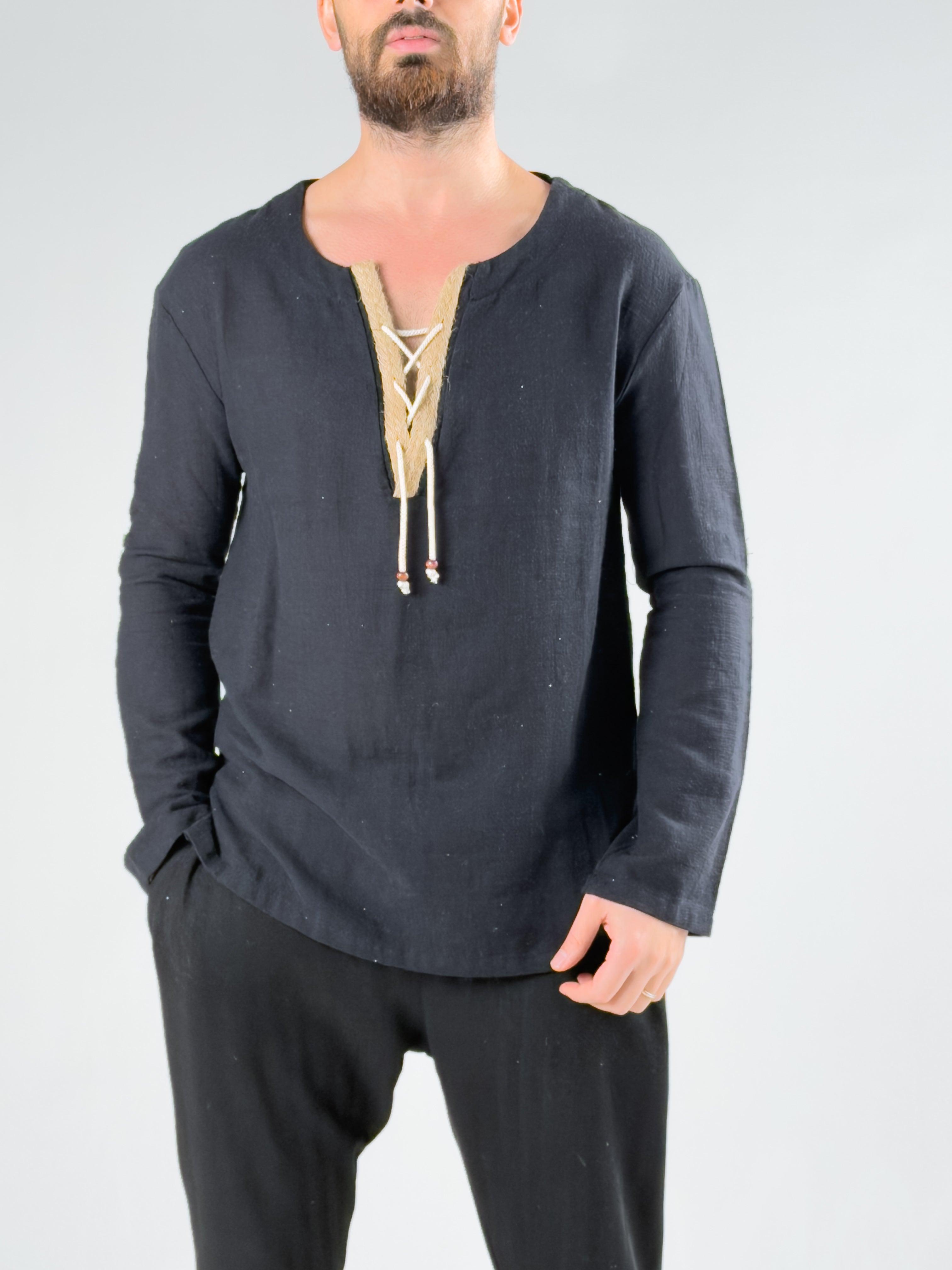 Siyah İp Detaylı Bohem Erkek T-shirt COCK0060