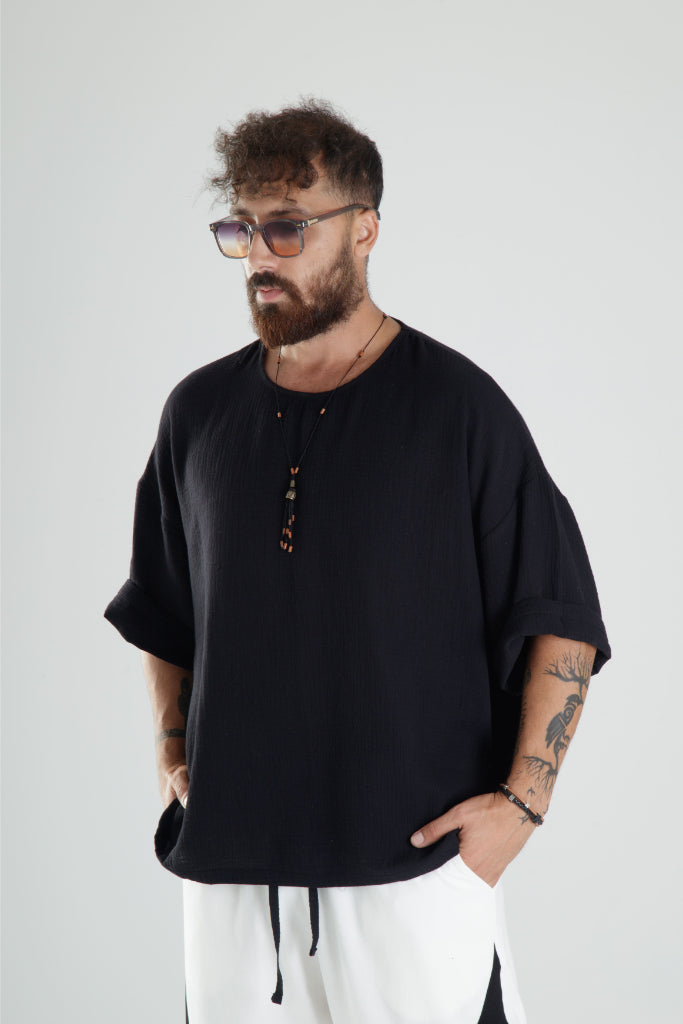 Siyah Müslin Kumaş Oversize Fakir Kol T-Shirt COC1103