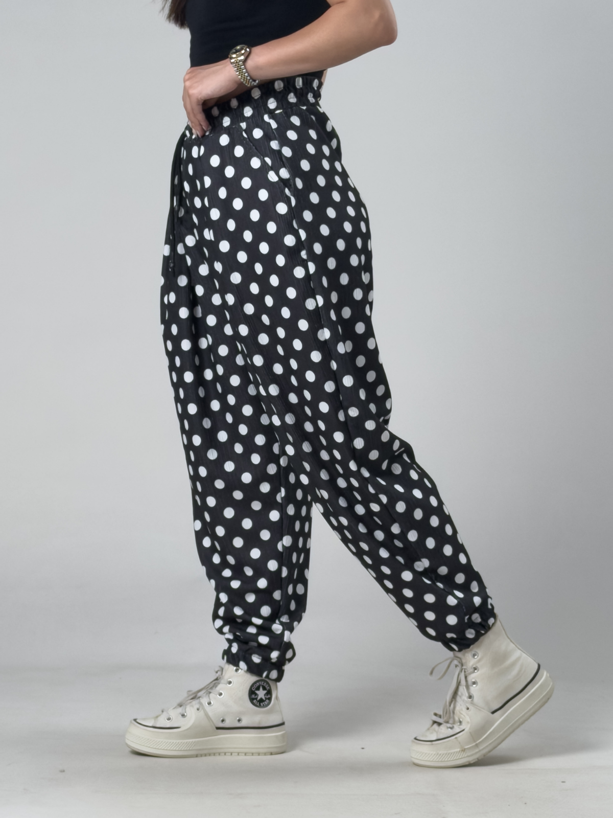 Siyah Puantiyeli Kadın Jogger Pantolon COC3257