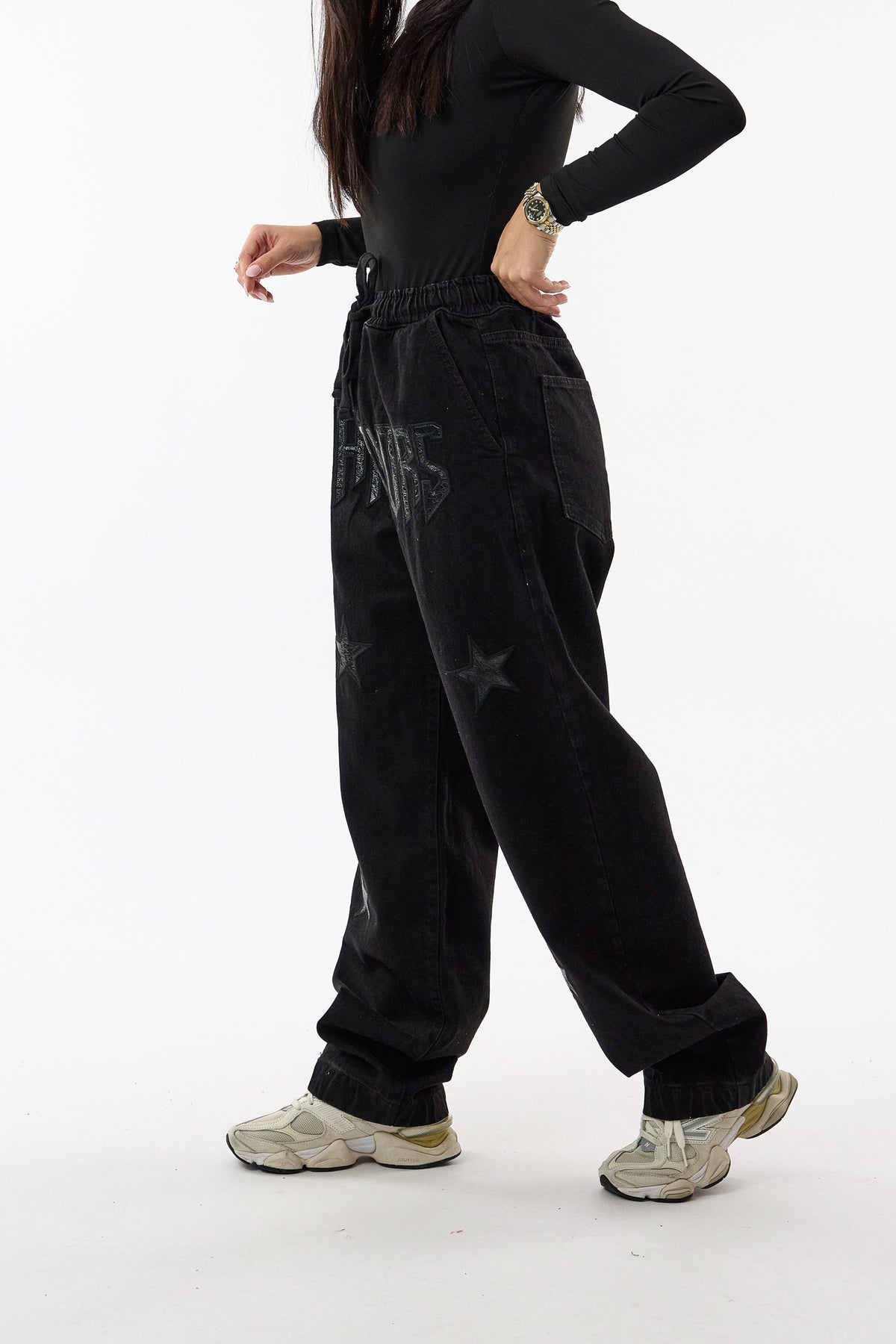 Siyah Warriors Yıldız Detaylı Baggy Jean Kadın Pantolon COC3748