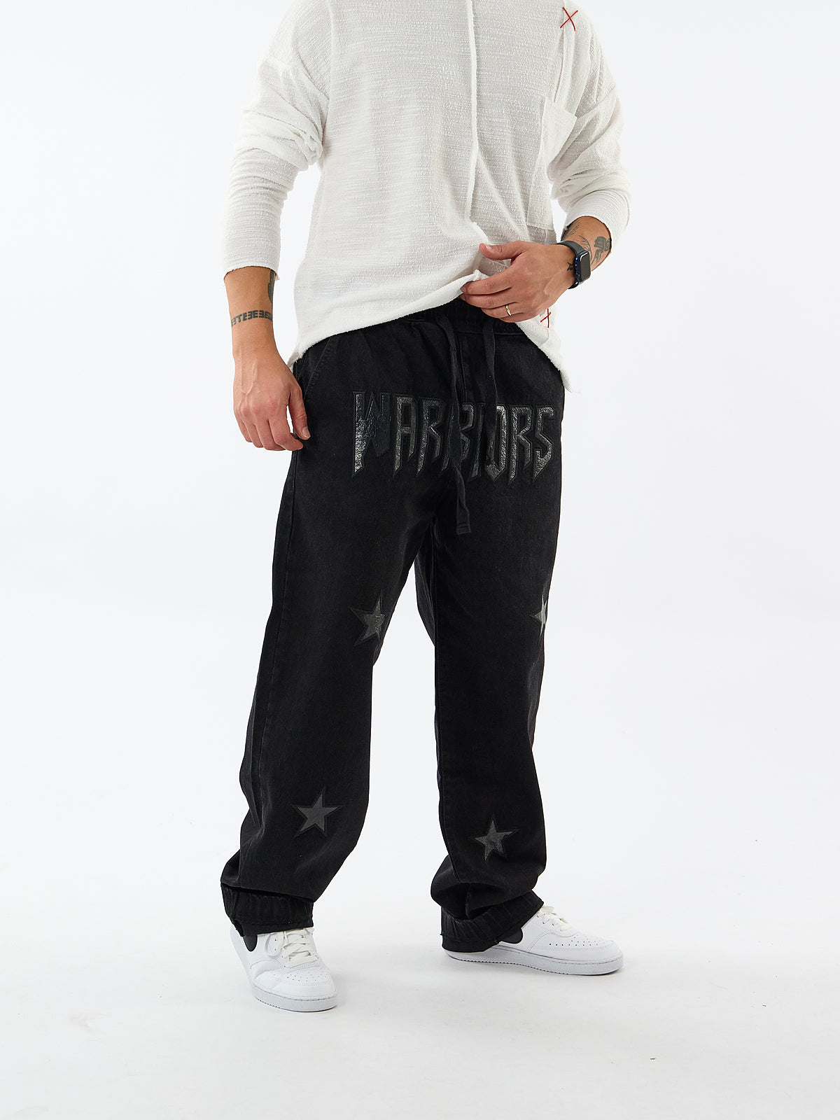 Siyah Warriors Yıldız Detaylı Erkek Baggy Jean Pantolon COC3608
