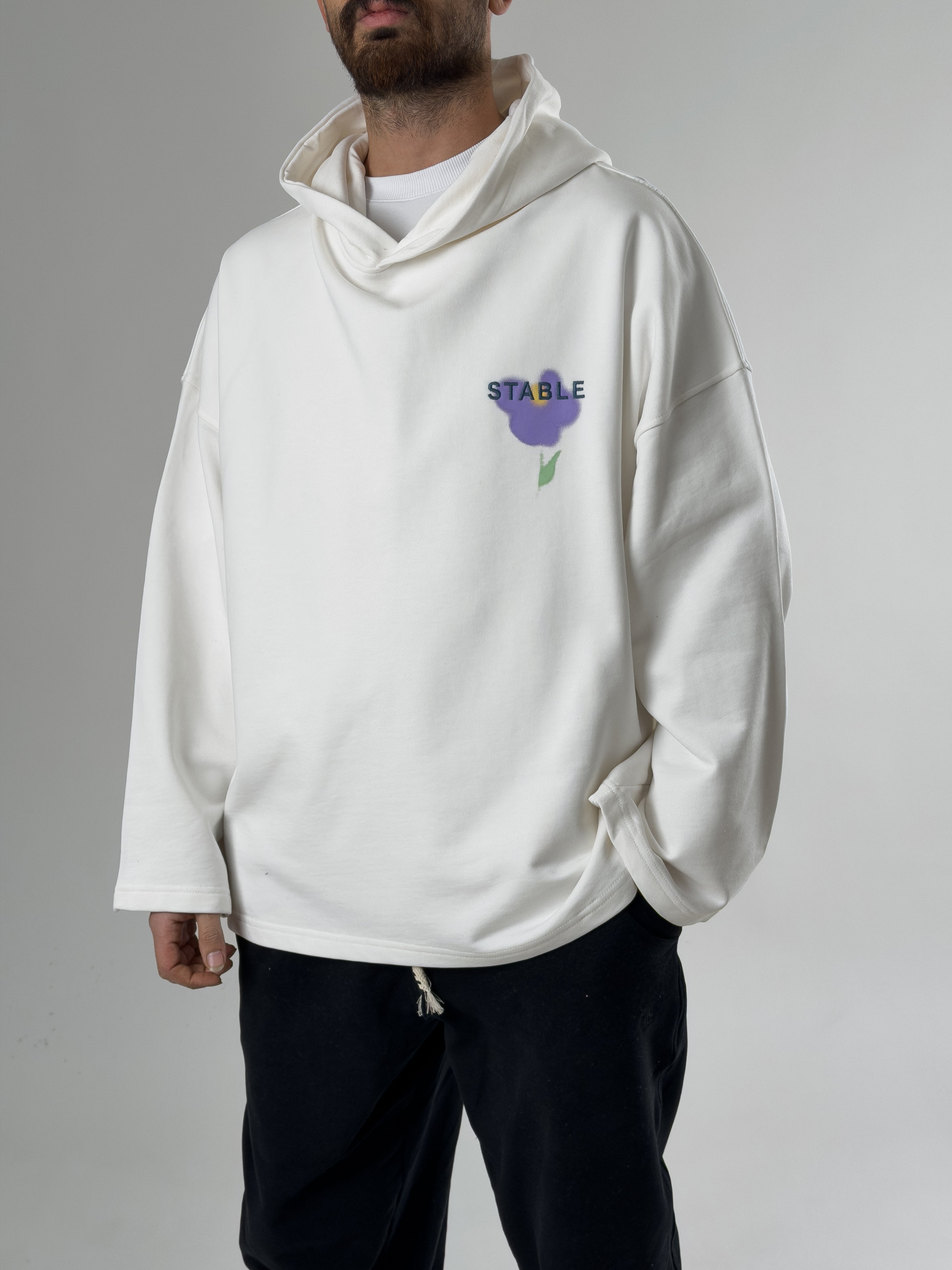 Stable Kapüşonlu Ekru Oversize Erkek Sweat COC2704