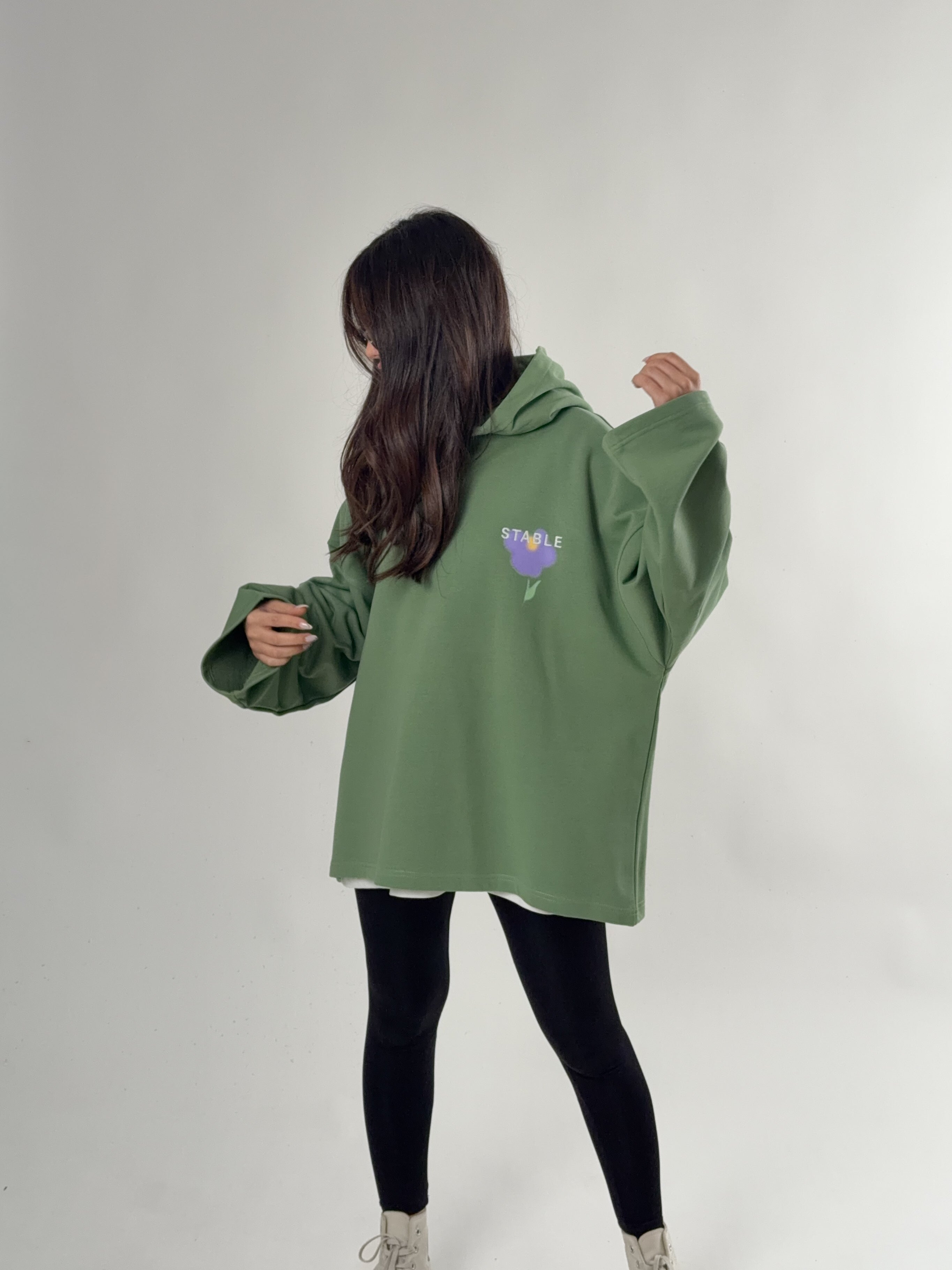 Stable Kapüşonlu Yeşil Oversize Kadın Sweat COC2692
