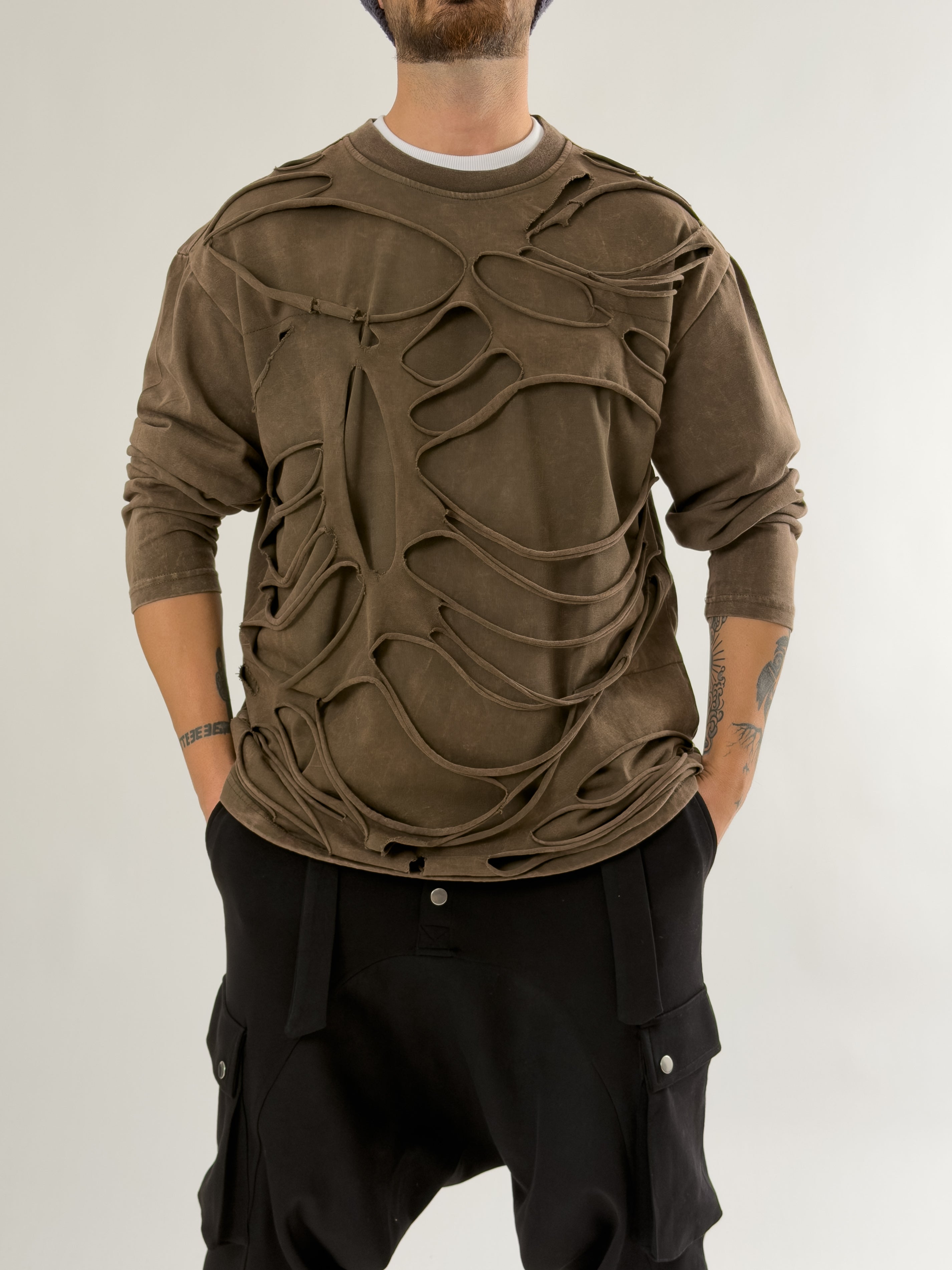Street Yıkamalı Kahverengi Tasarım Erkek Sweatshirt COC2648
