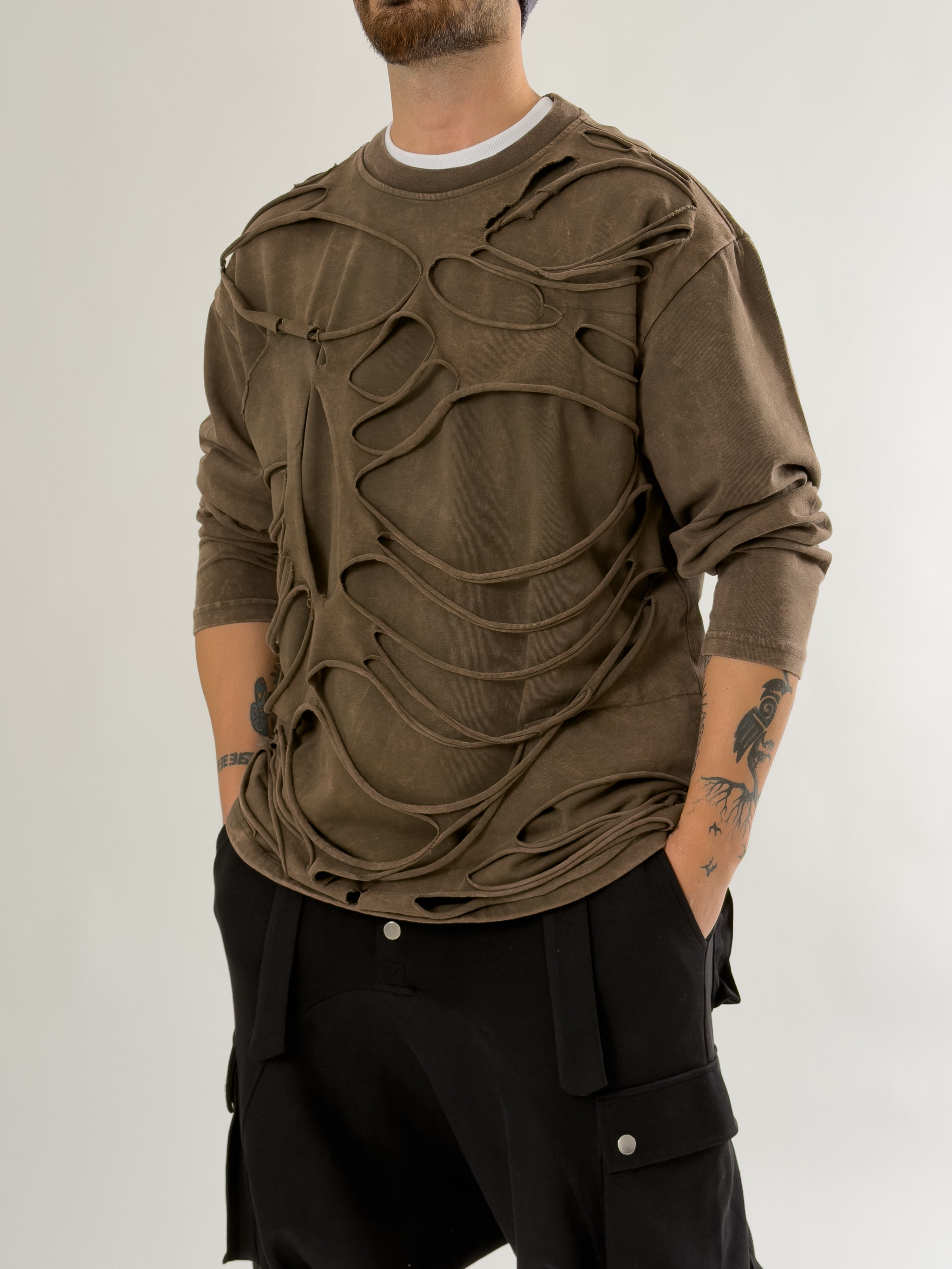 Street Yıkamalı Kahverengi Tasarım Erkek Sweatshirt COC2648