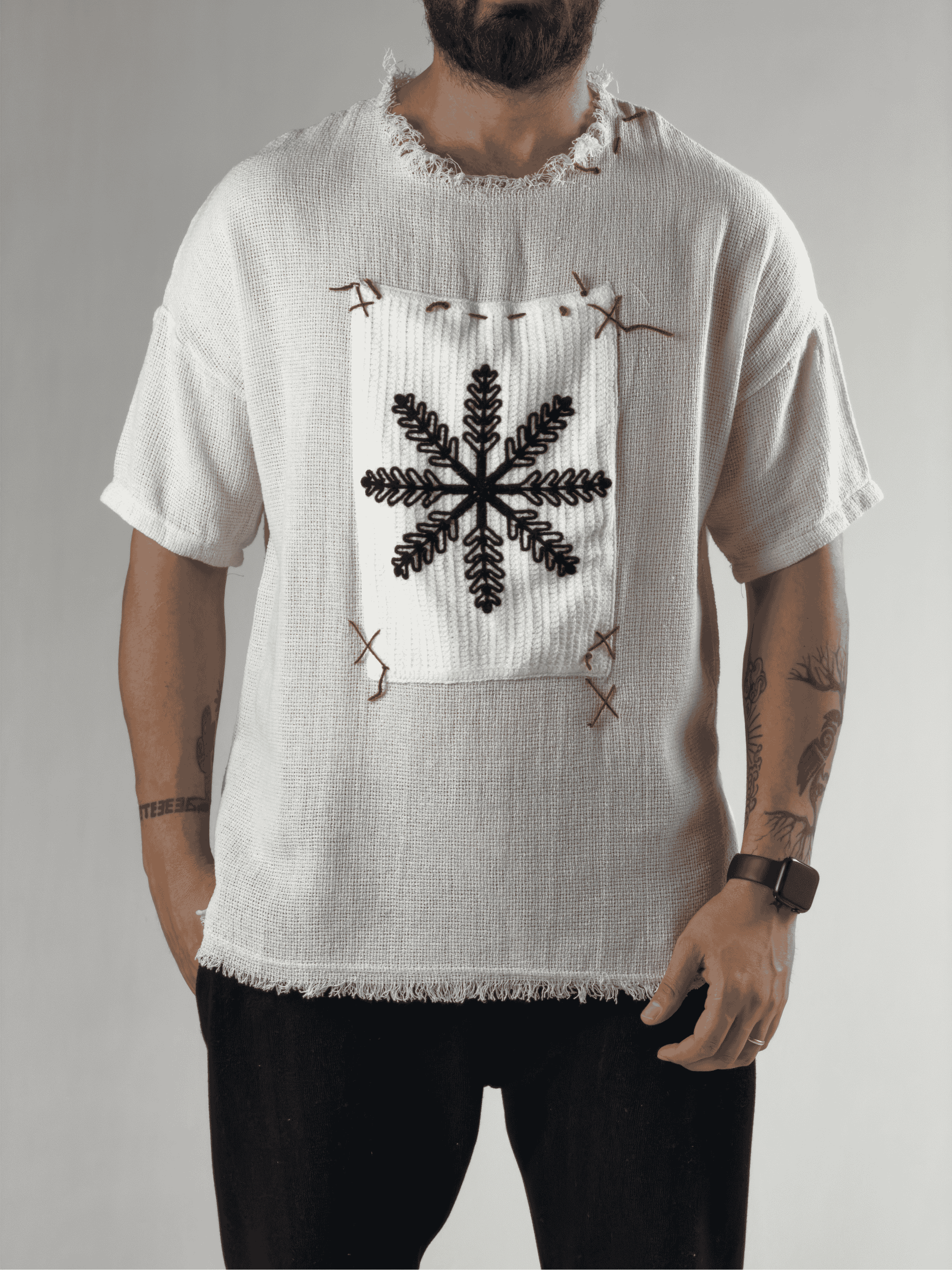 Tasarım Çiçek Desenli Erkek Beyaz T-Shirt COC3200